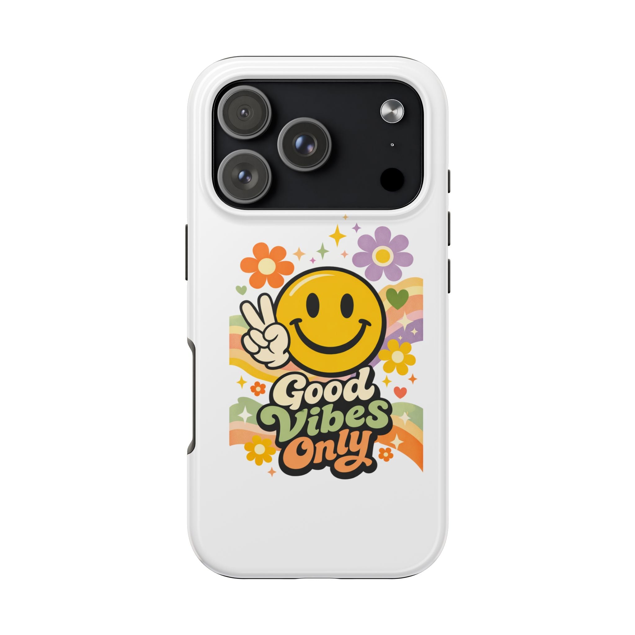 Good Vibes Only smiley peace sign Phone Case | retro flower rainbow design