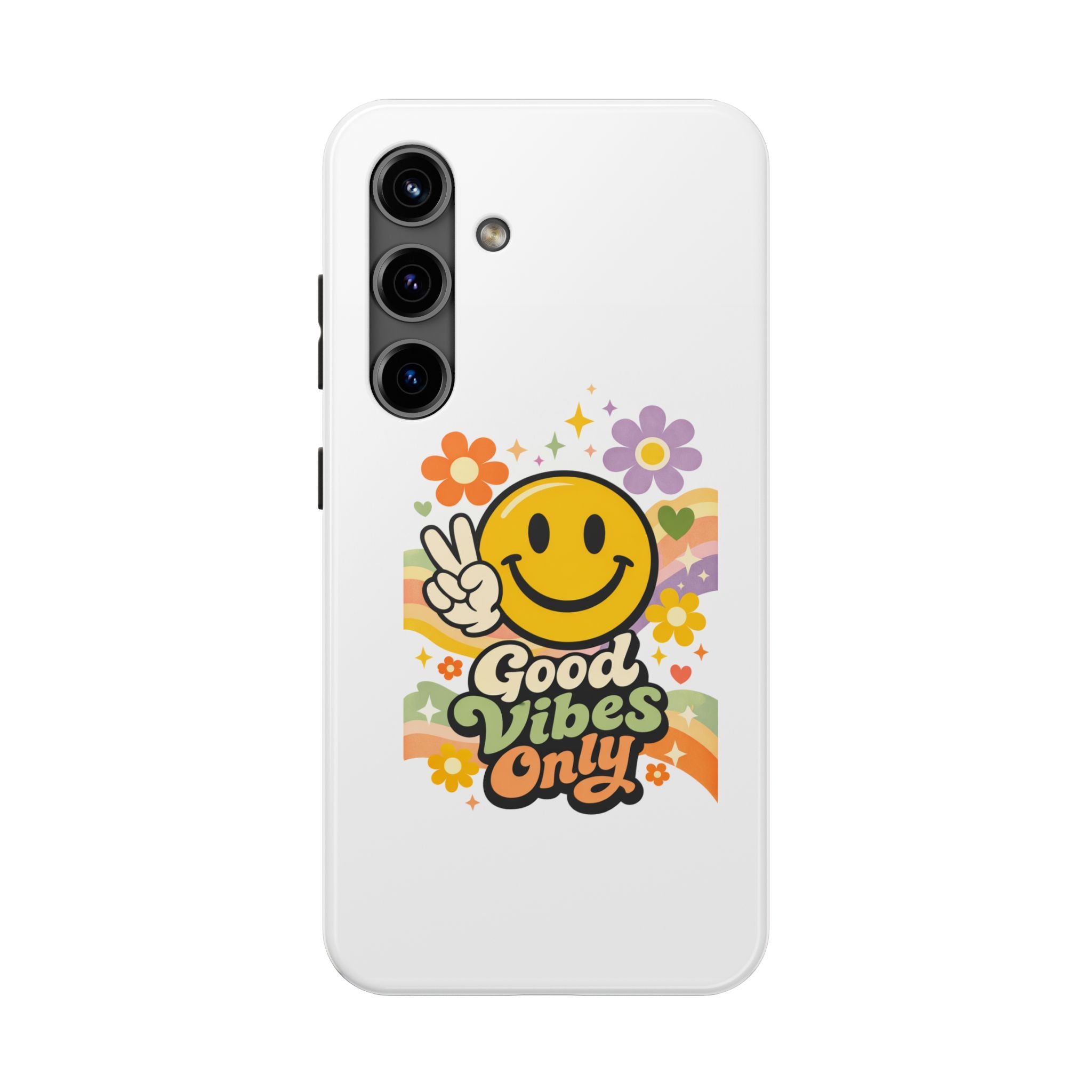 Good Vibes Only smiley peace sign Phone Case | retro flower rainbow design