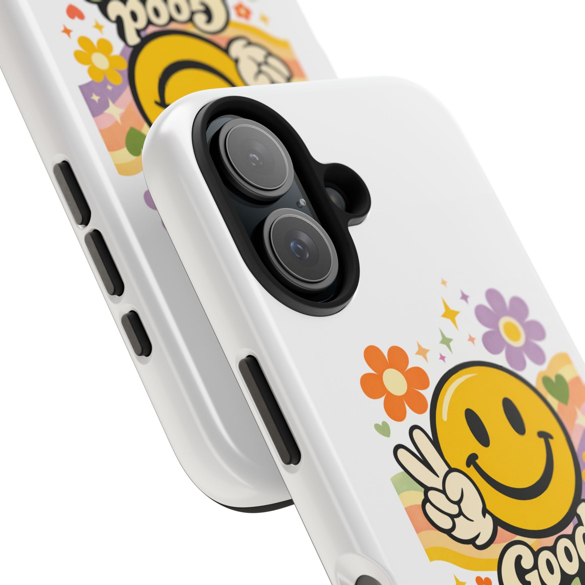 Good Vibes Only smiley peace sign Phone Case | retro flower rainbow design
