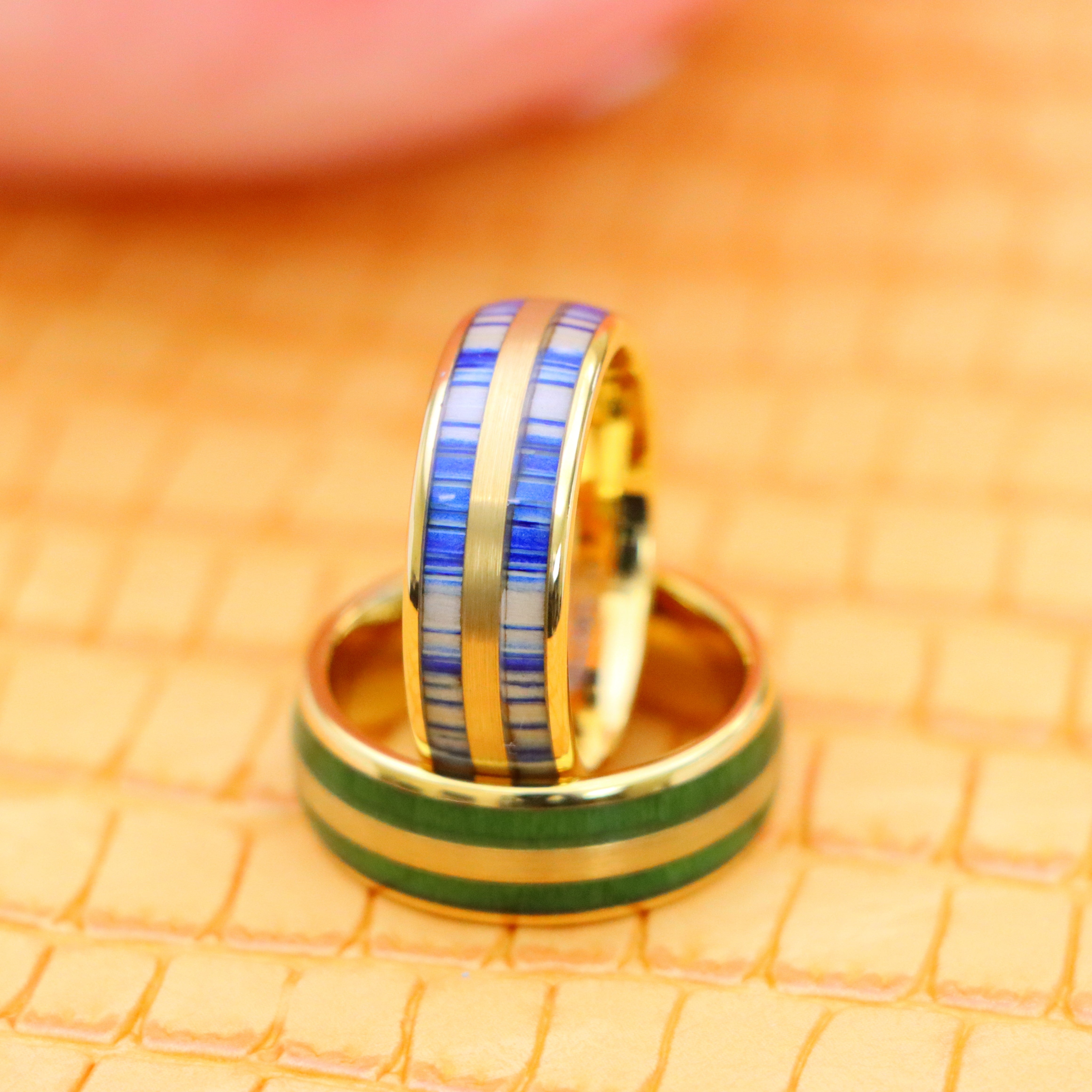 8mm Yellow Gold IP &amp; Indigo Blue Dyed Bamboo Inlay / Jade Wood Inlay Tungsten Ring