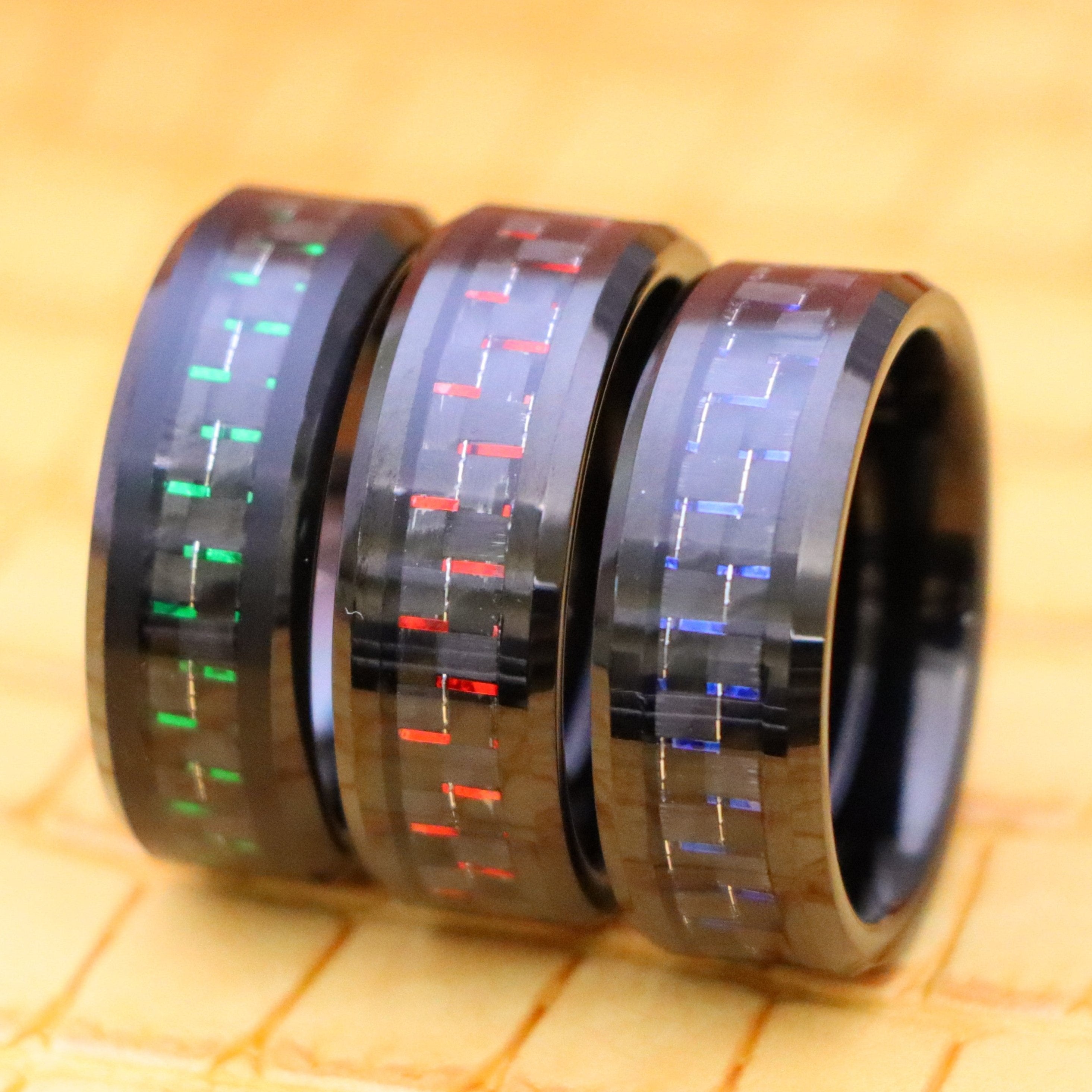 Black IP Plated with Green &amp; Black/Blue &amp; Black/Red &amp; Black Carbon Fiber Inlay Tungsten Ring