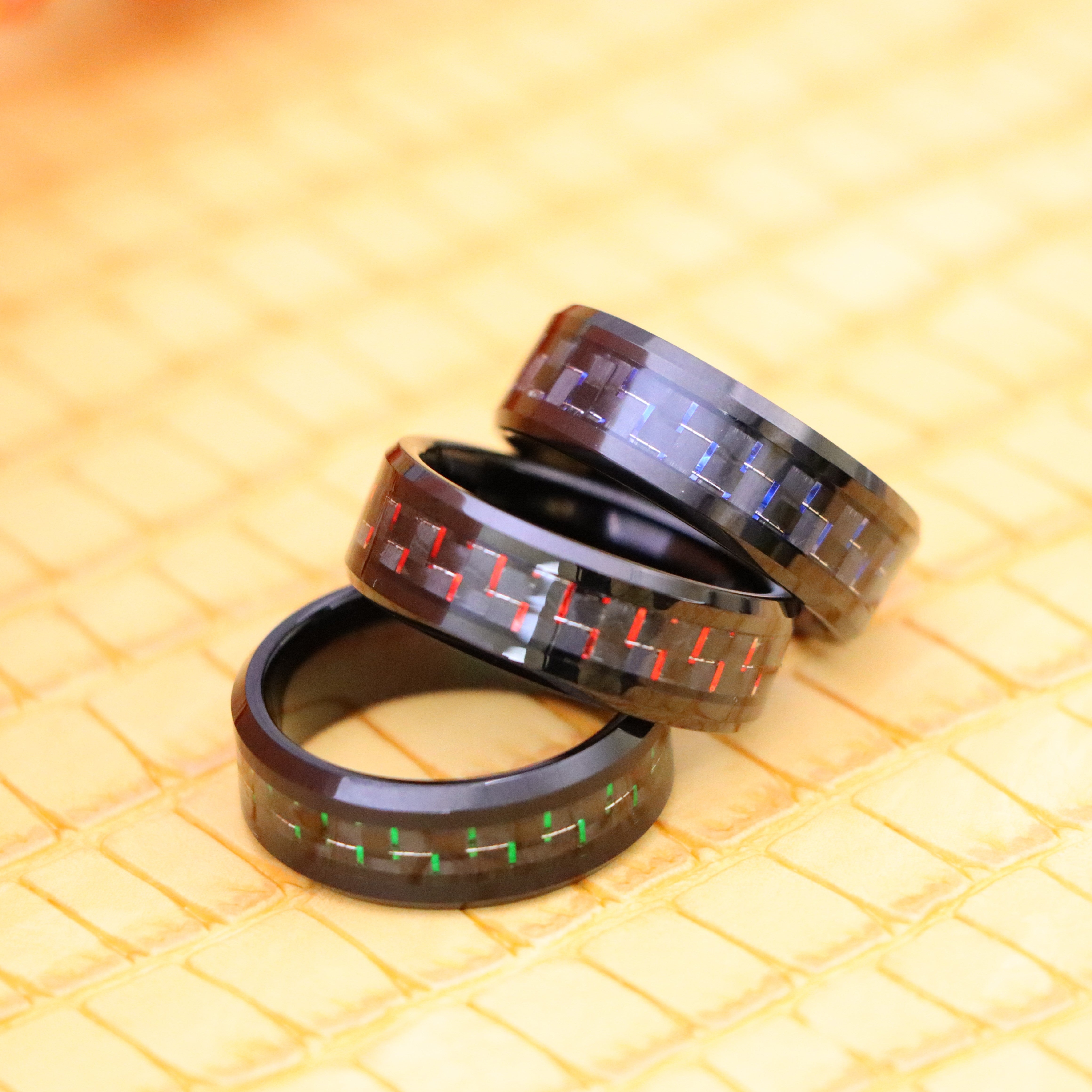 Black IP Plated with Green &amp; Black/Blue &amp; Black/Red &amp; Black Carbon Fiber Inlay Tungsten Ring