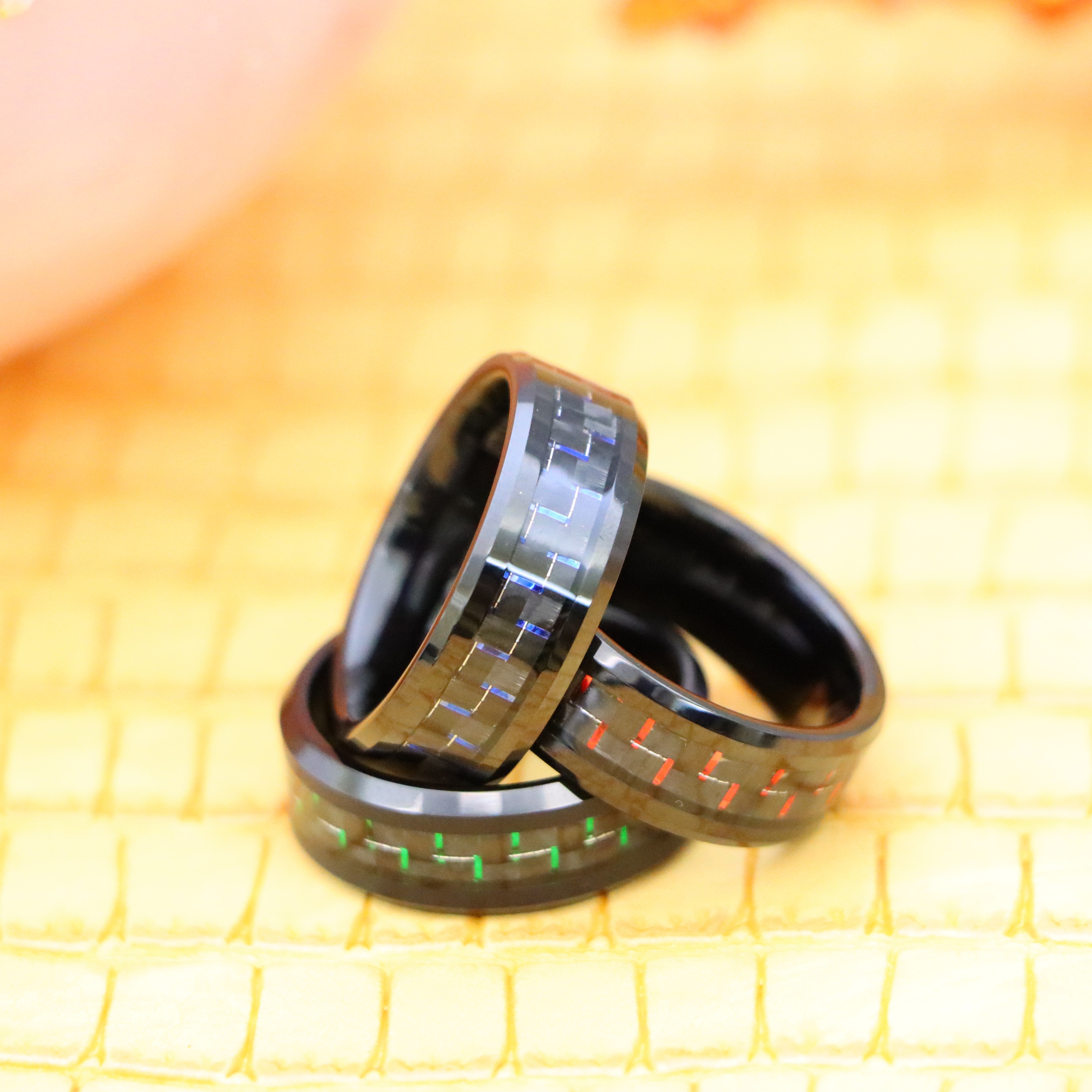 Black IP Plated with Green &amp; Black/Blue &amp; Black/Red &amp; Black Carbon Fiber Inlay Tungsten Ring