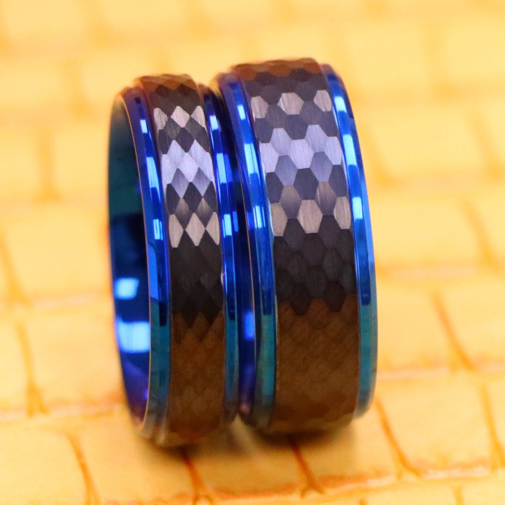 Black IP Hammered Center with Blue IP Stepped Edge Tungsten Ring