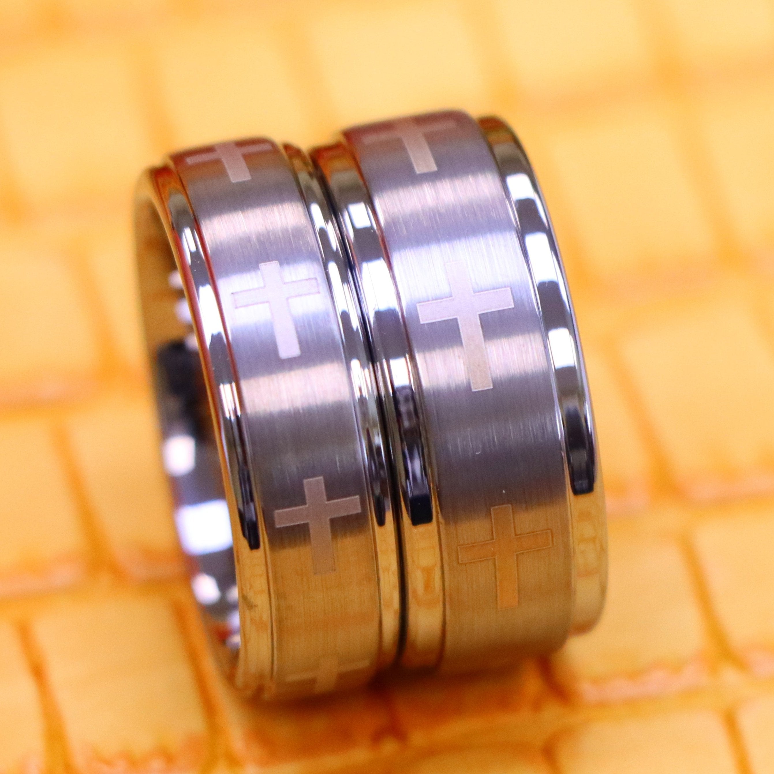 Laser Engraved Crosses Brushed Center Tungsten Ring