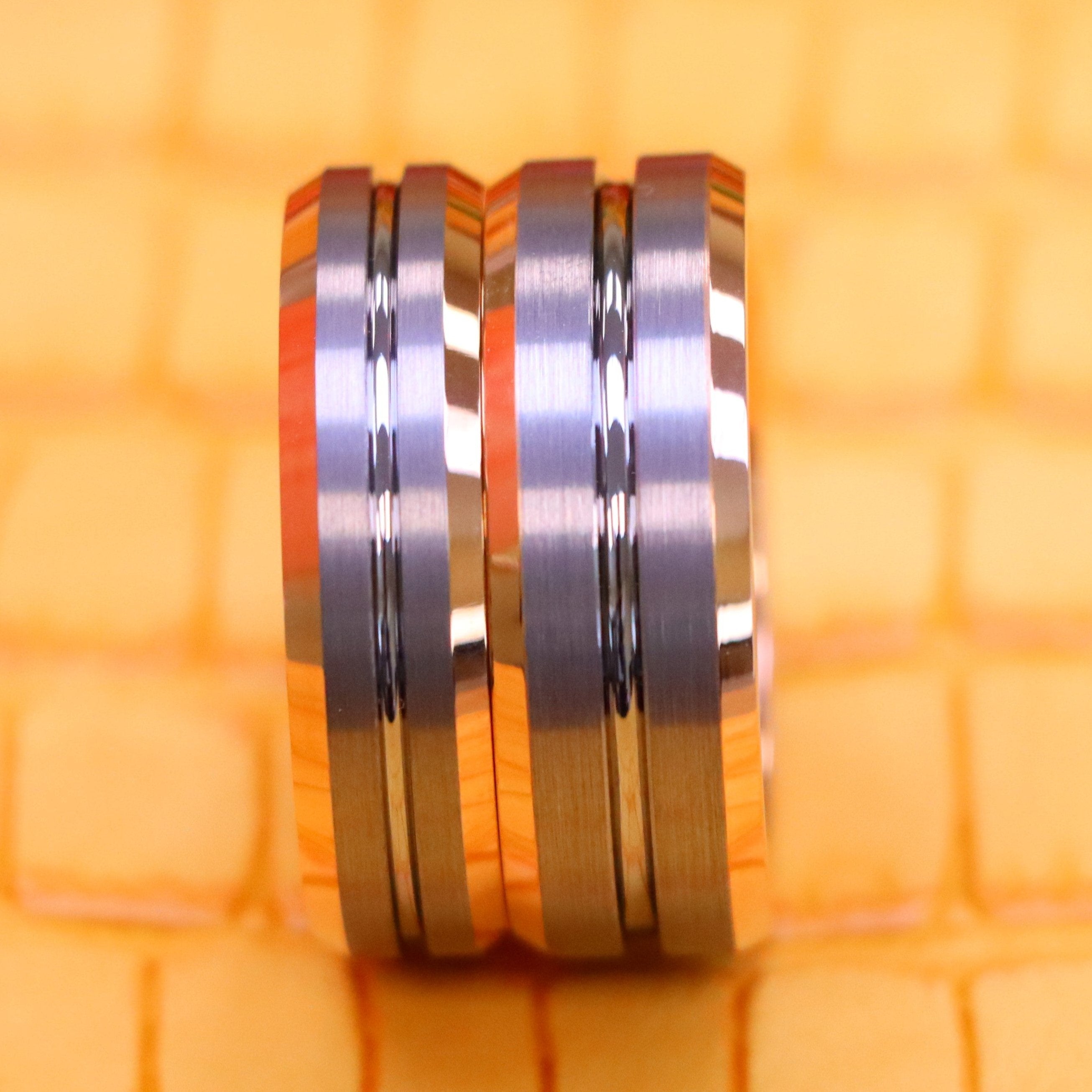 Rose Gold IP Plated Inside &amp; Gun Metal Grooved Brushed Center Tungsten Ring