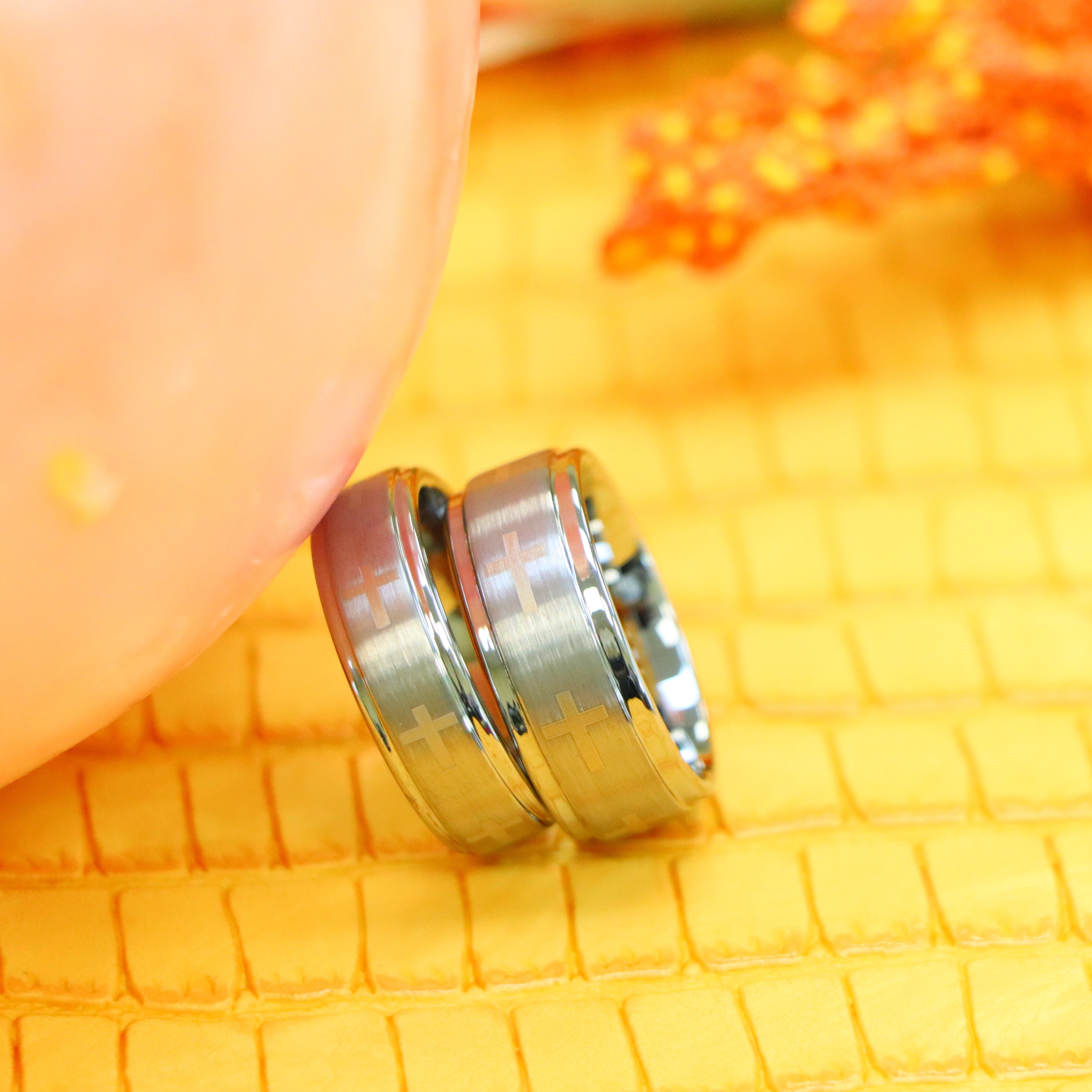 Laser Engraved Crosses Brushed Center Tungsten Ring