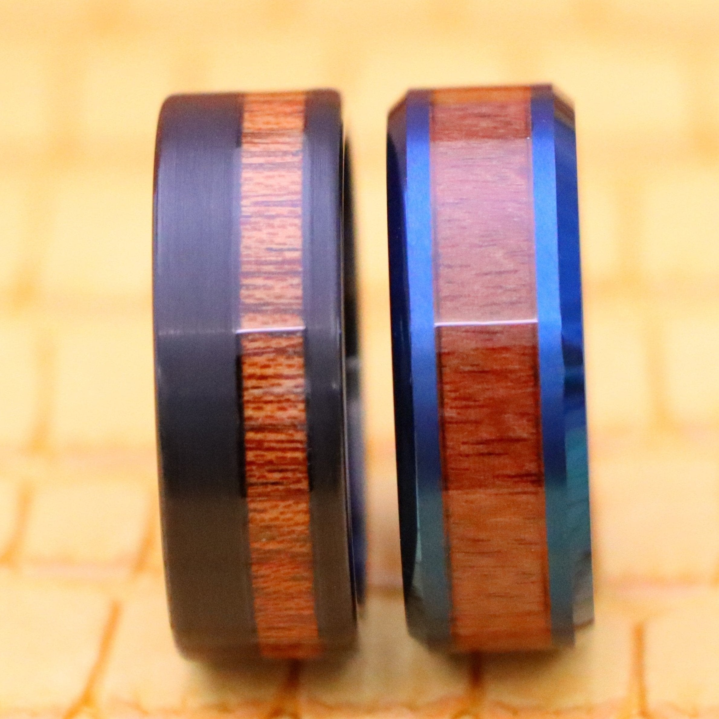 8mm Blue IP/Black IP Plated Inner Ring with Hawaiian Koa Wood Inlay Tungsten Ring - Men's Tungsten Jewelry