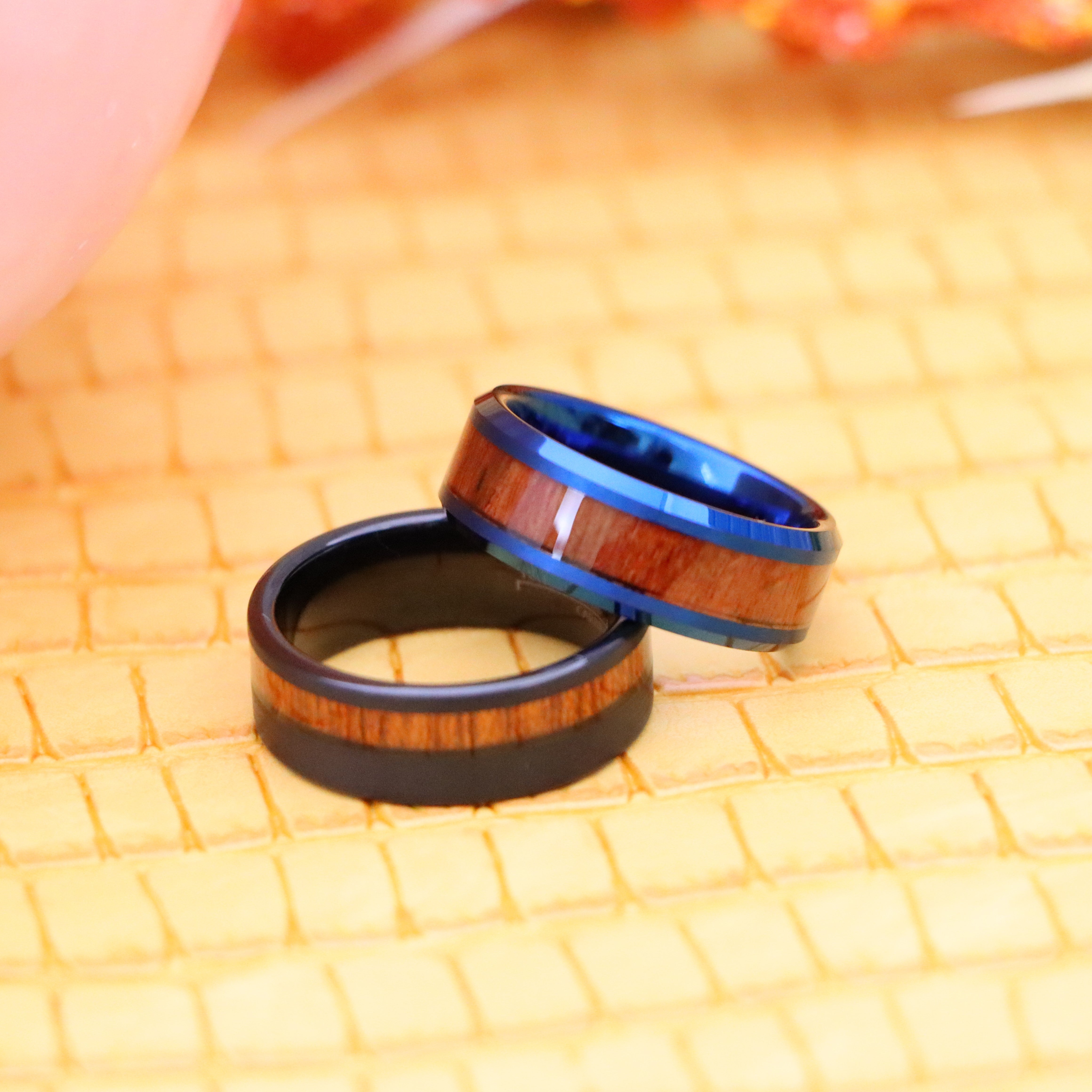 8mm Blue IP/Black IP Plated Inner Ring with Hawaiian Koa Wood Inlay Tungsten Ring - Men's Tungsten Jewelry