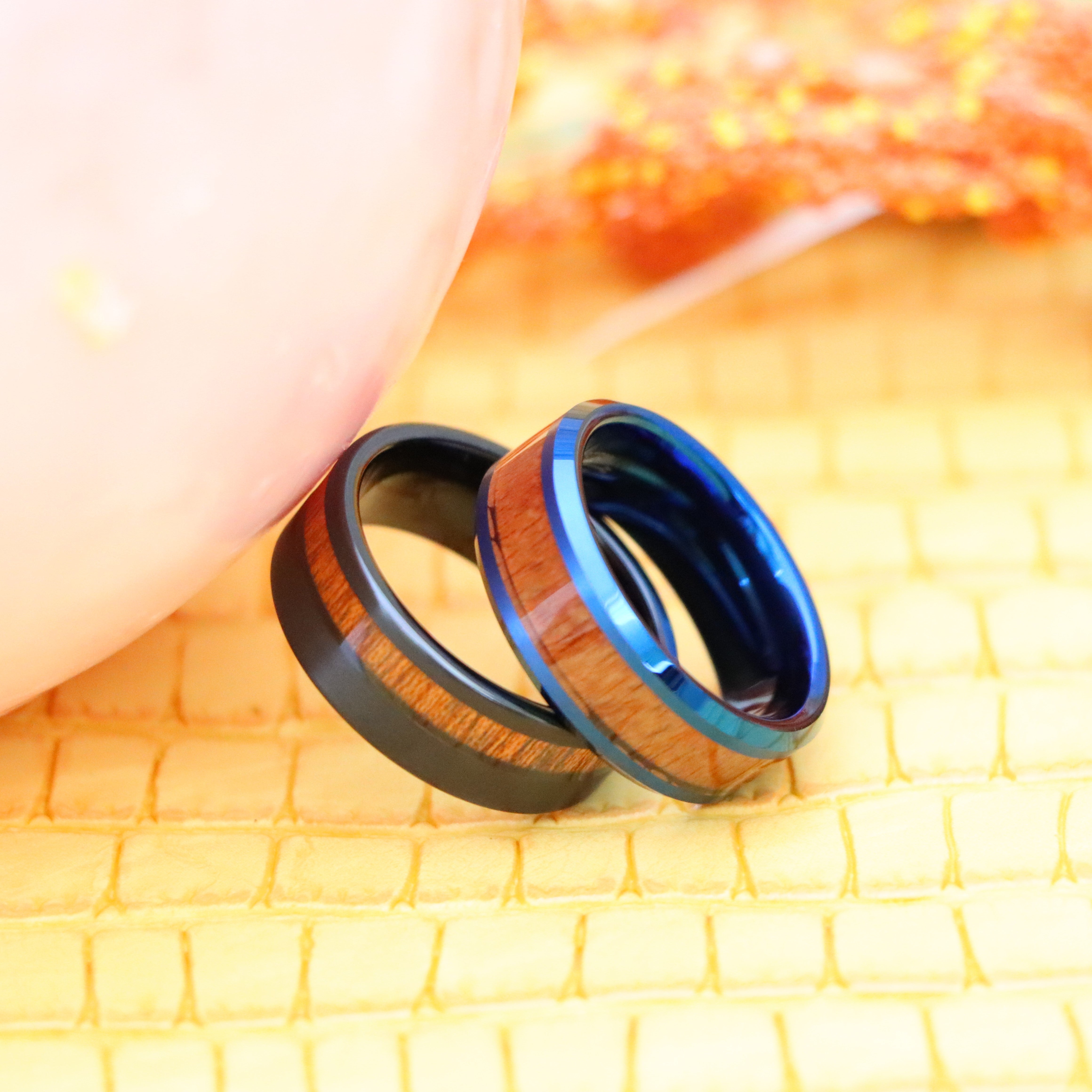 8mm Blue IP/Black IP Plated Inner Ring with Hawaiian Koa Wood Inlay Tungsten Ring - Men's Tungsten Jewelry