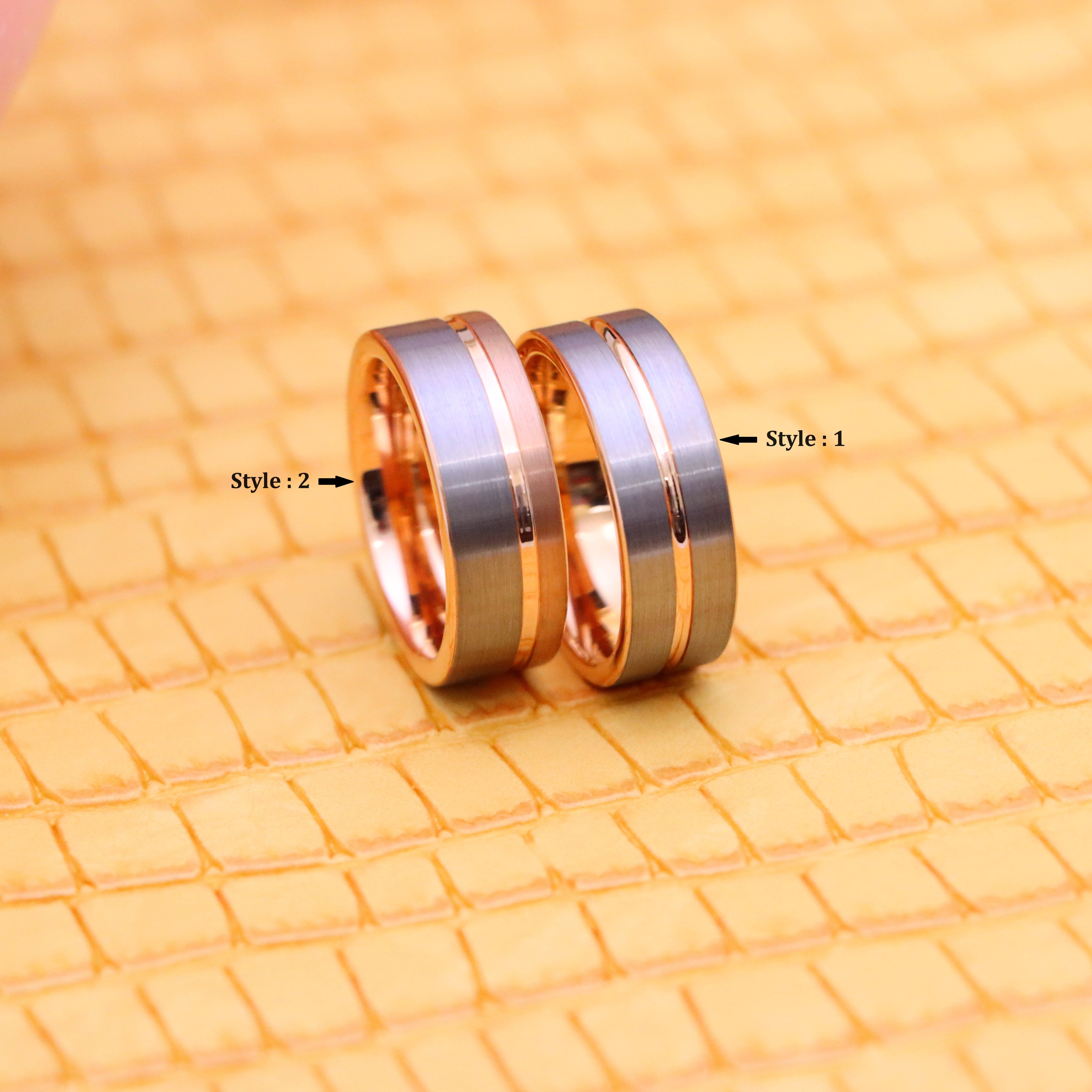 8mm Rose Gold IP Plated Inside &amp; Groove Brushed Center Tungsten Ring