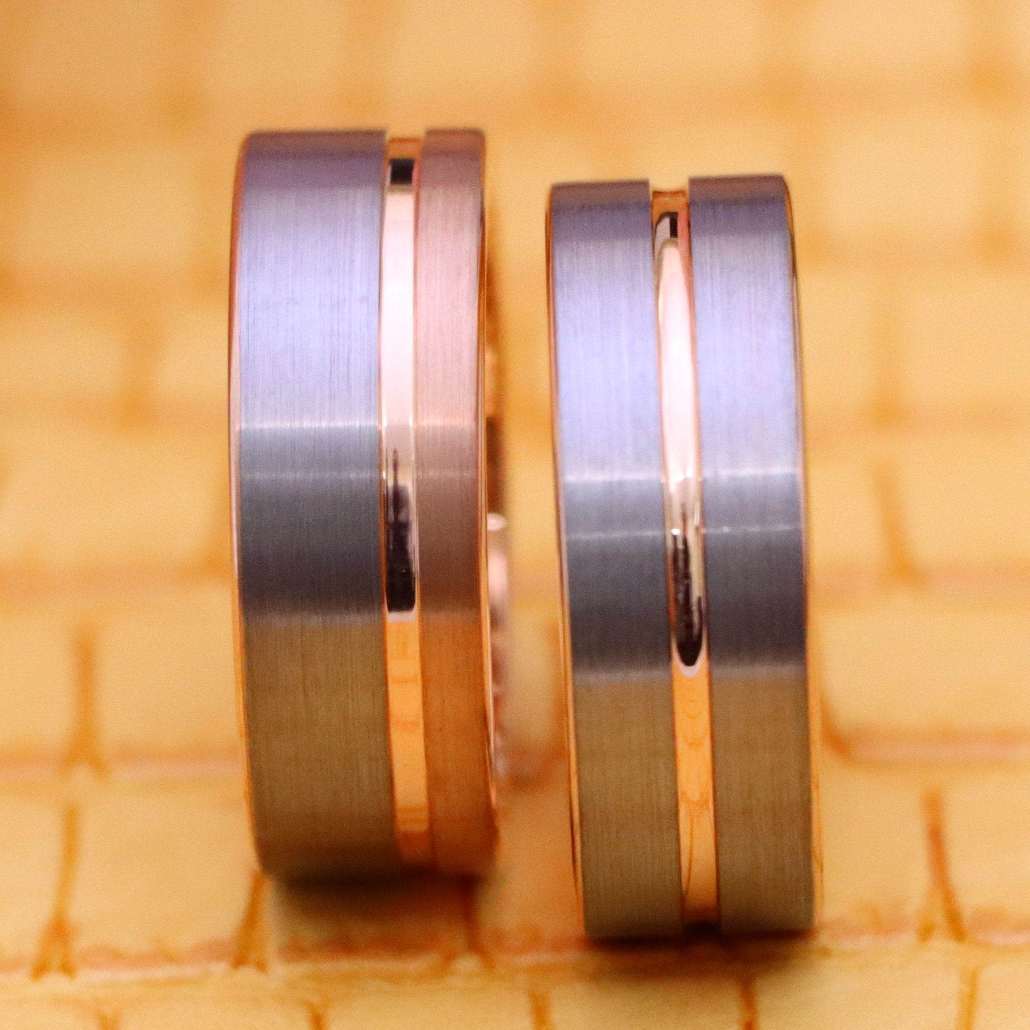 8mm Rose Gold IP Plated Inside &amp; Groove Brushed Center Tungsten Ring