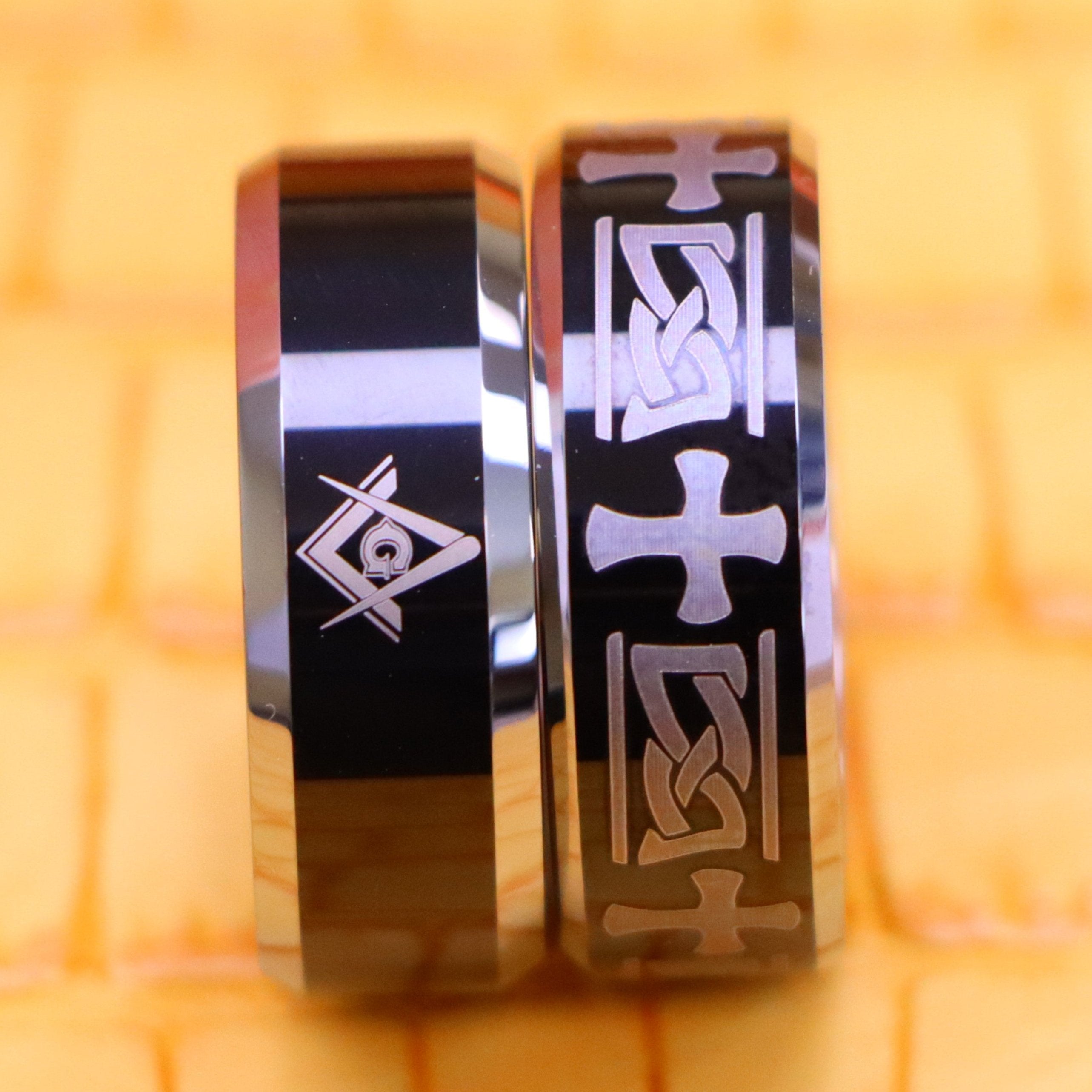 8mm Beveled Edge Ring with Celtic Cross Engraved/Laser Engraved Masonic Symbol on Black IP Plated Center Tungsten Ring