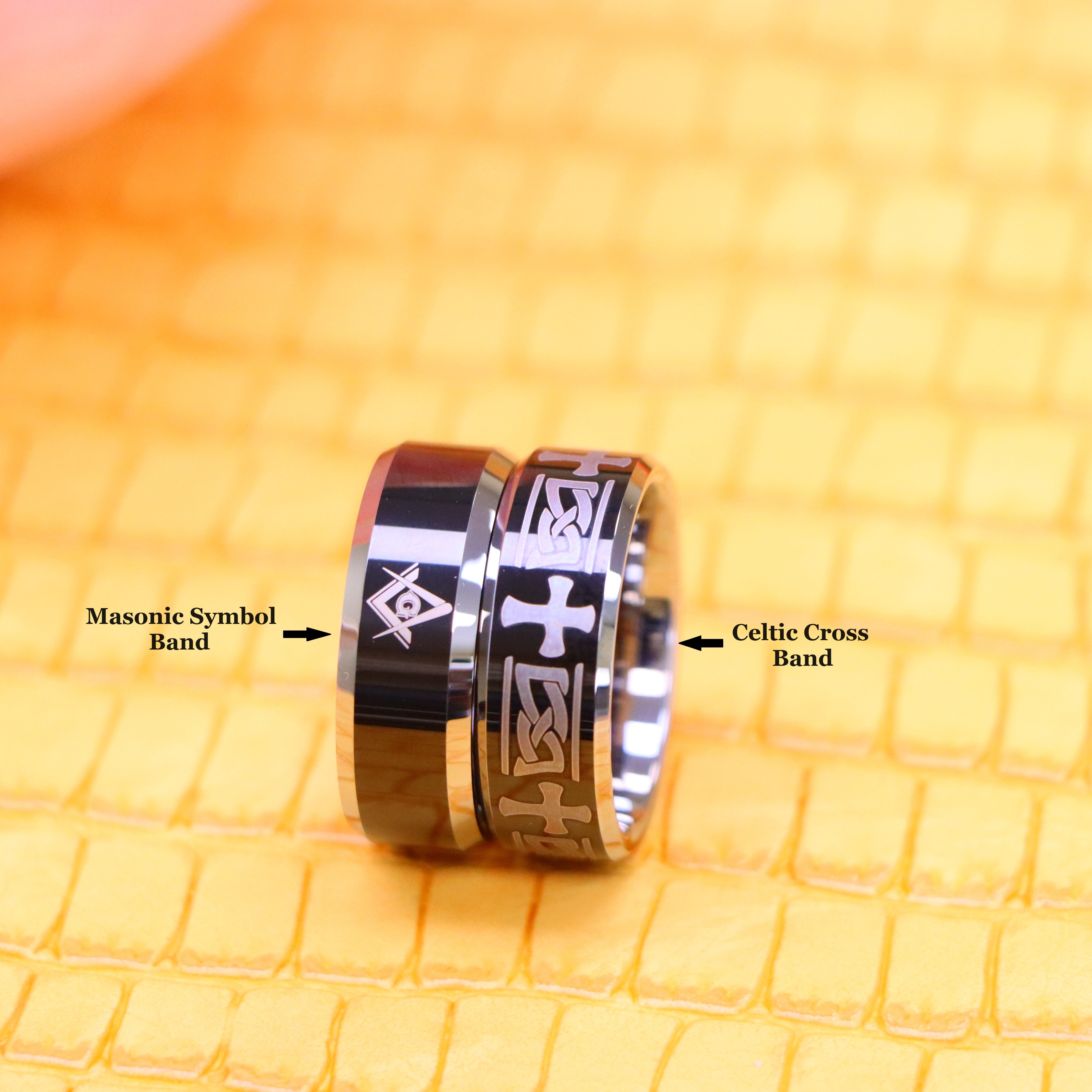 8mm Beveled Edge Ring with Celtic Cross Engraved/Laser Engraved Masonic Symbol on Black IP Plated Center Tungsten Ring