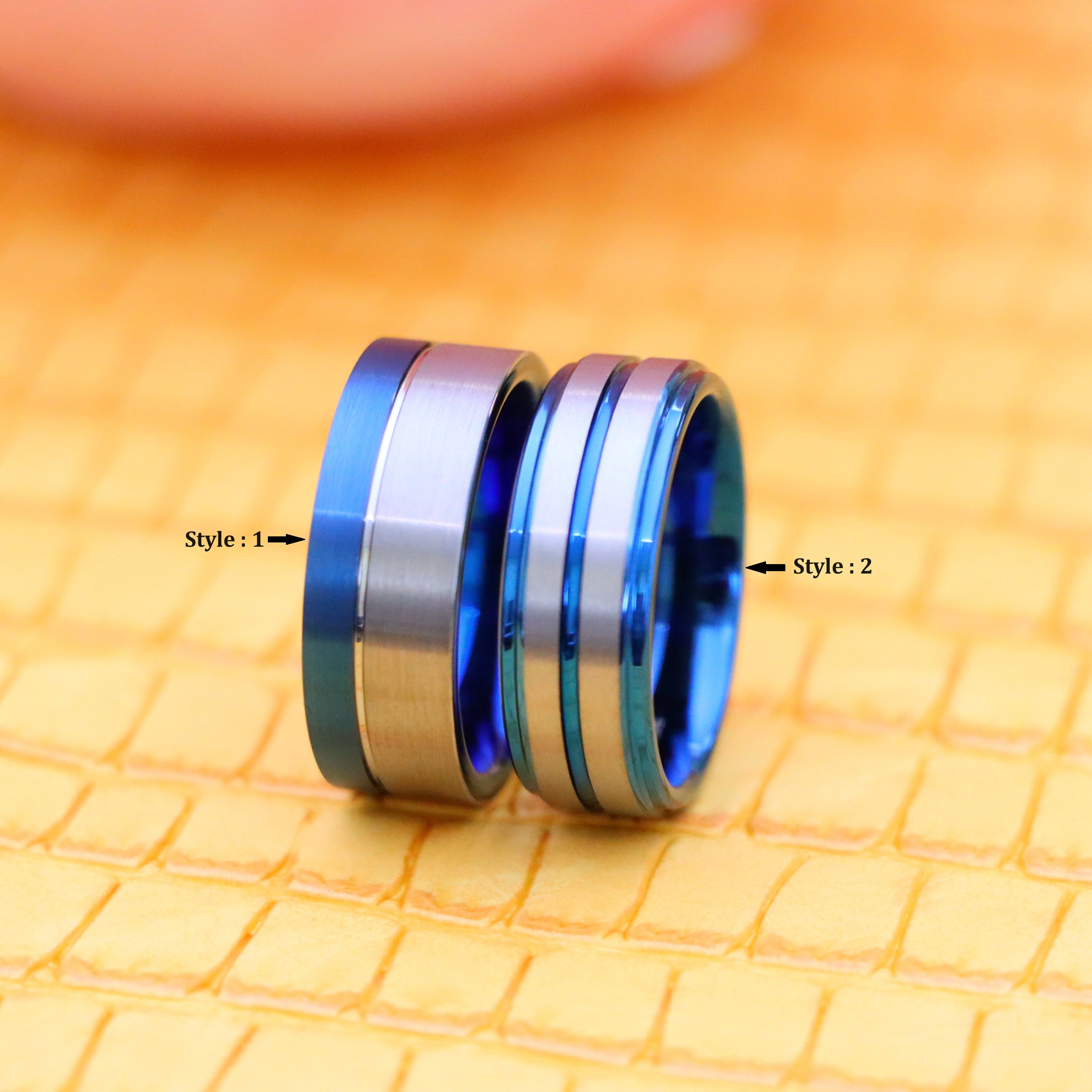 8mm Off-Center Grooved Blue IP Plated Brushed Pipe Cut /Stepped Edge Tungsten Ring