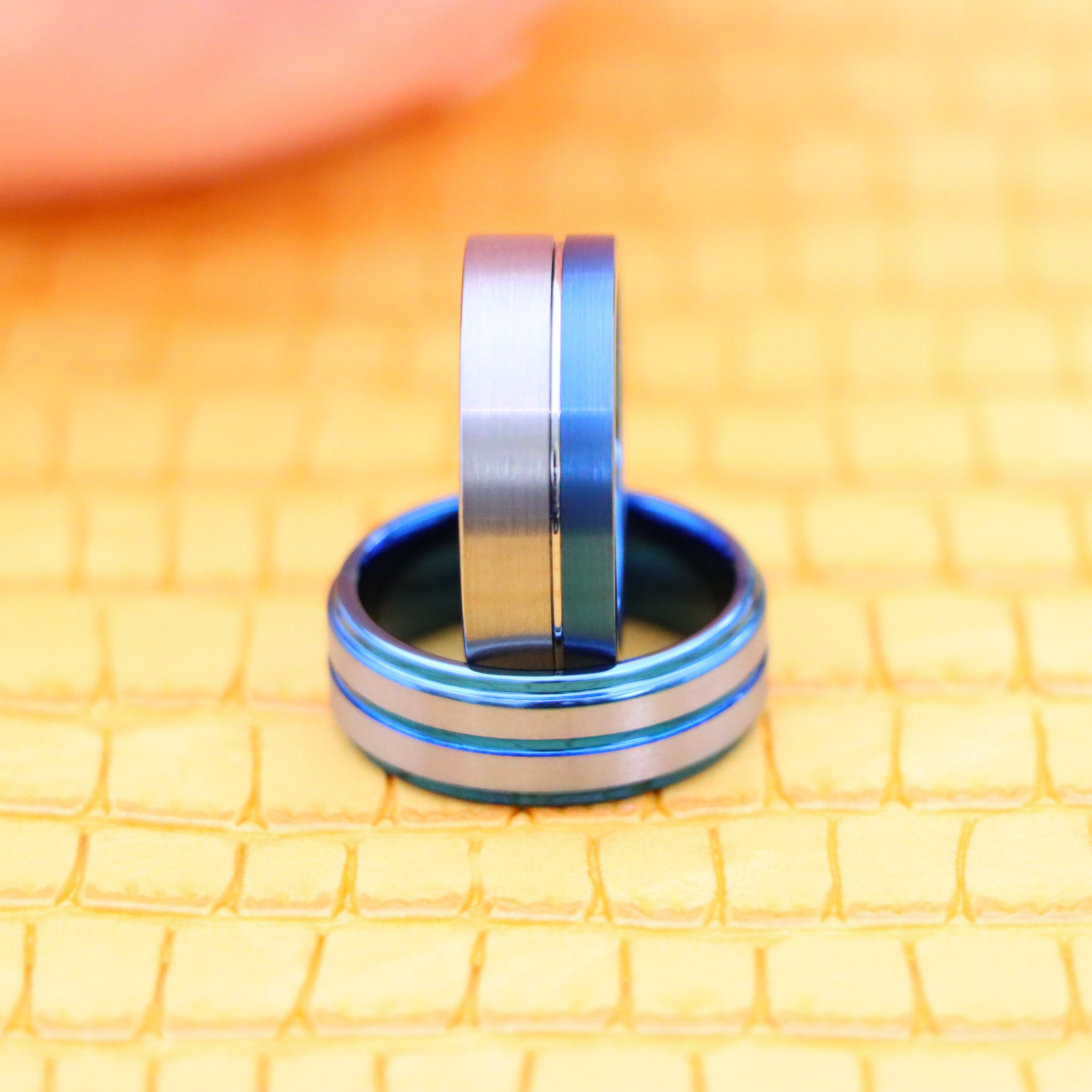 8mm Off-Center Grooved Blue IP Plated Brushed Pipe Cut /Stepped Edge Tungsten Ring