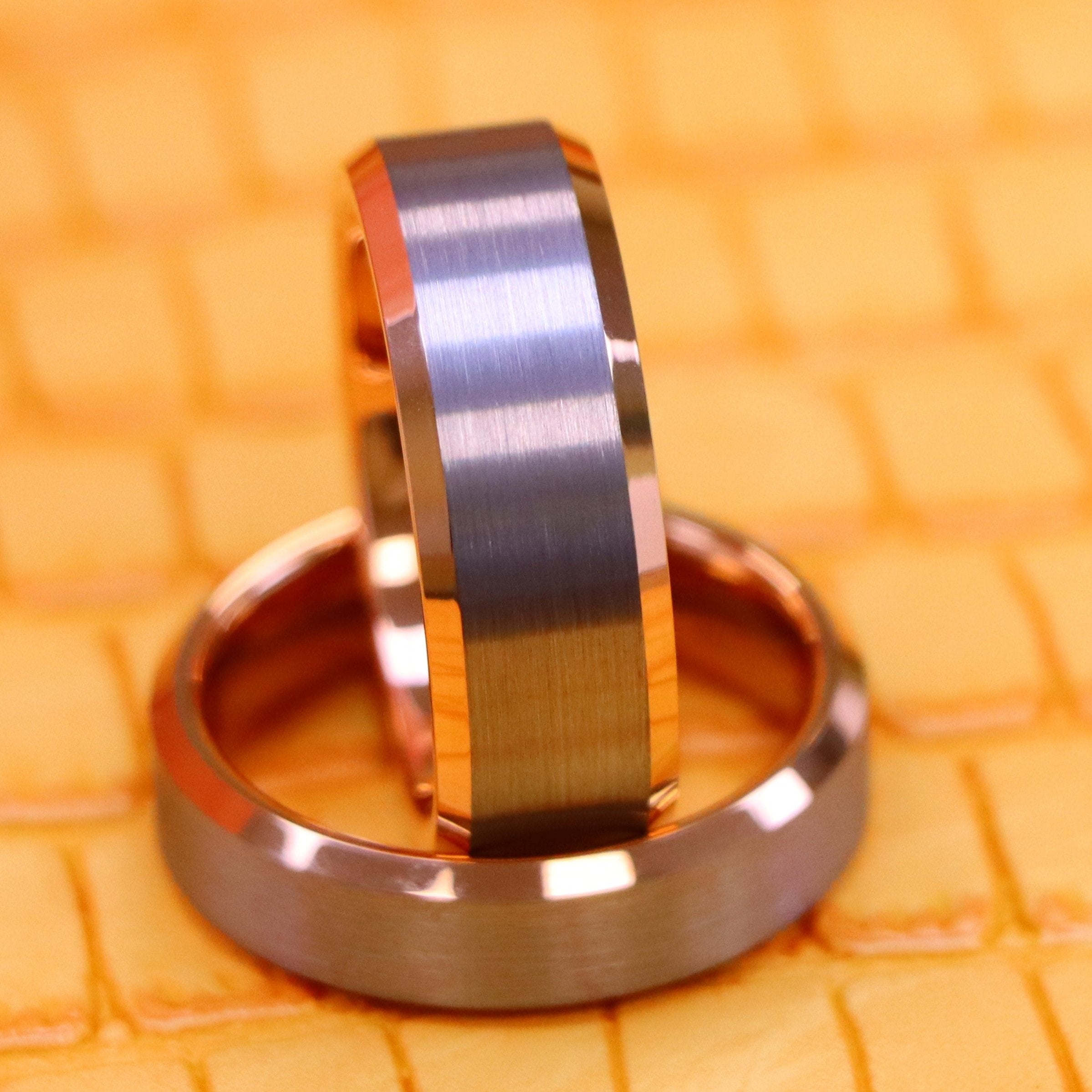 Brushed Center, Rose Gold Plated Beveled Edge &amp; Inside Tungsten Ring