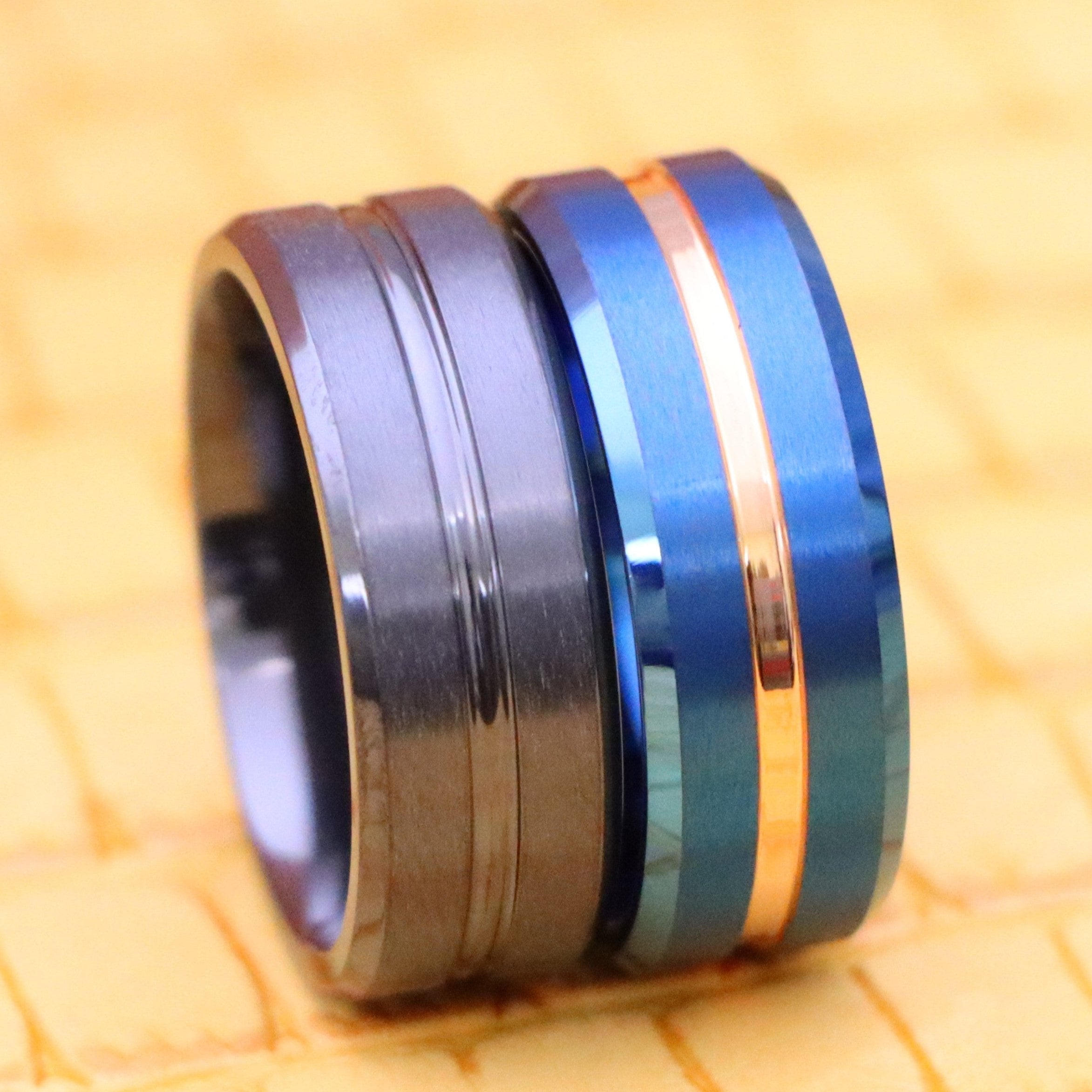 8mm Zirconium Natural Gun Metal Grooved Center Ring Blue IP Brushed with Rose Gold IP Grooved Center Beveled Edge Tungsten Ring