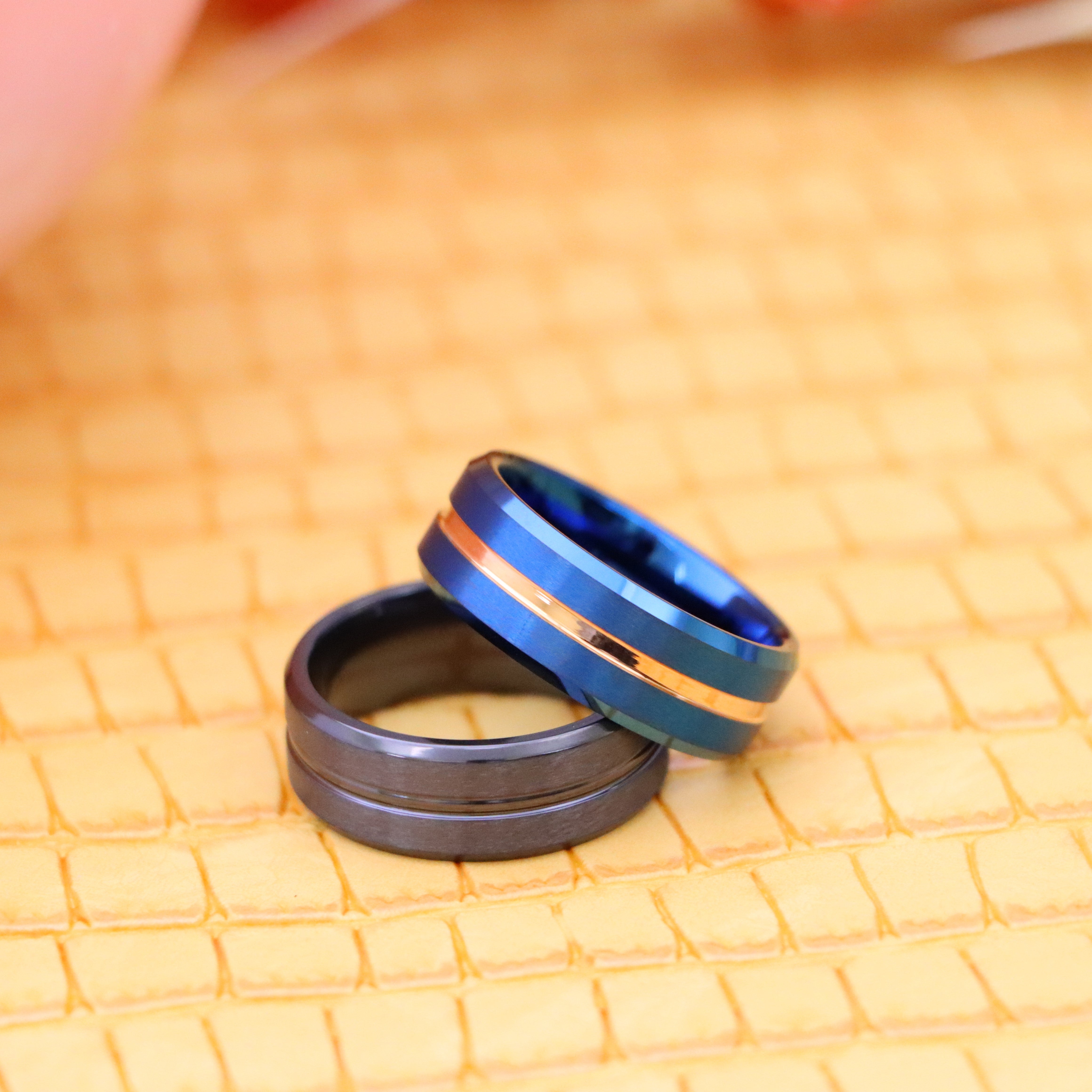 8mm Zirconium Natural Gun Metal Grooved Center Ring Blue IP Brushed with Rose Gold IP Grooved Center Beveled Edge Tungsten Ring