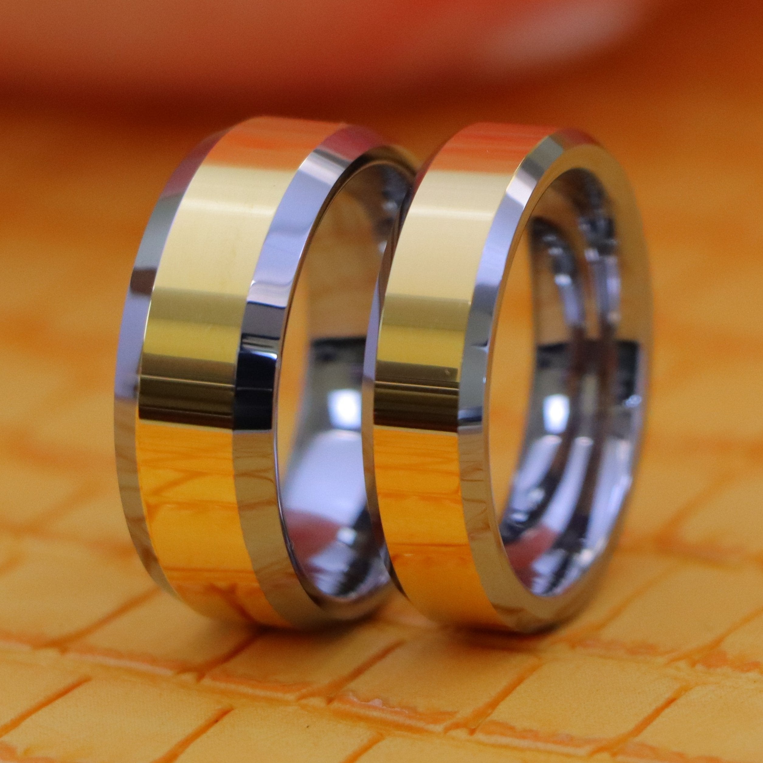 Polished Shiny Gold Plated Center &amp; Beveled Edge Tungsten Ring