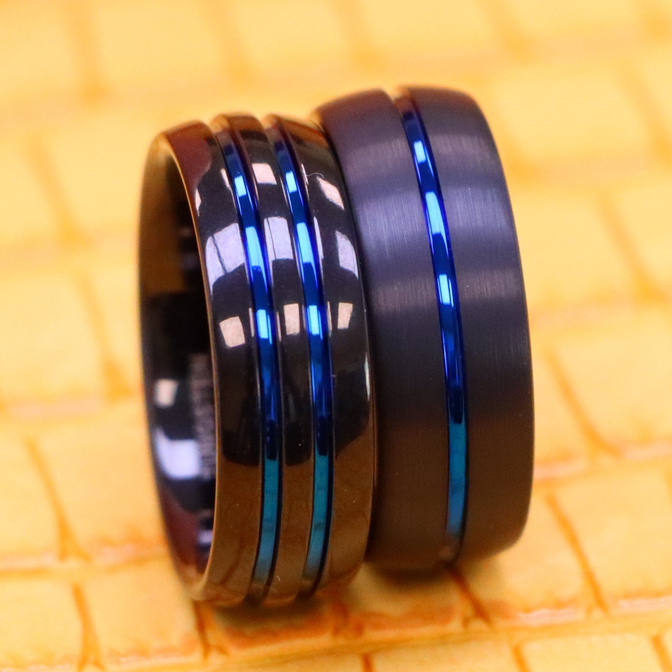 8mm Dome Black IP Tungsten Ring with Blue IP Center Groove