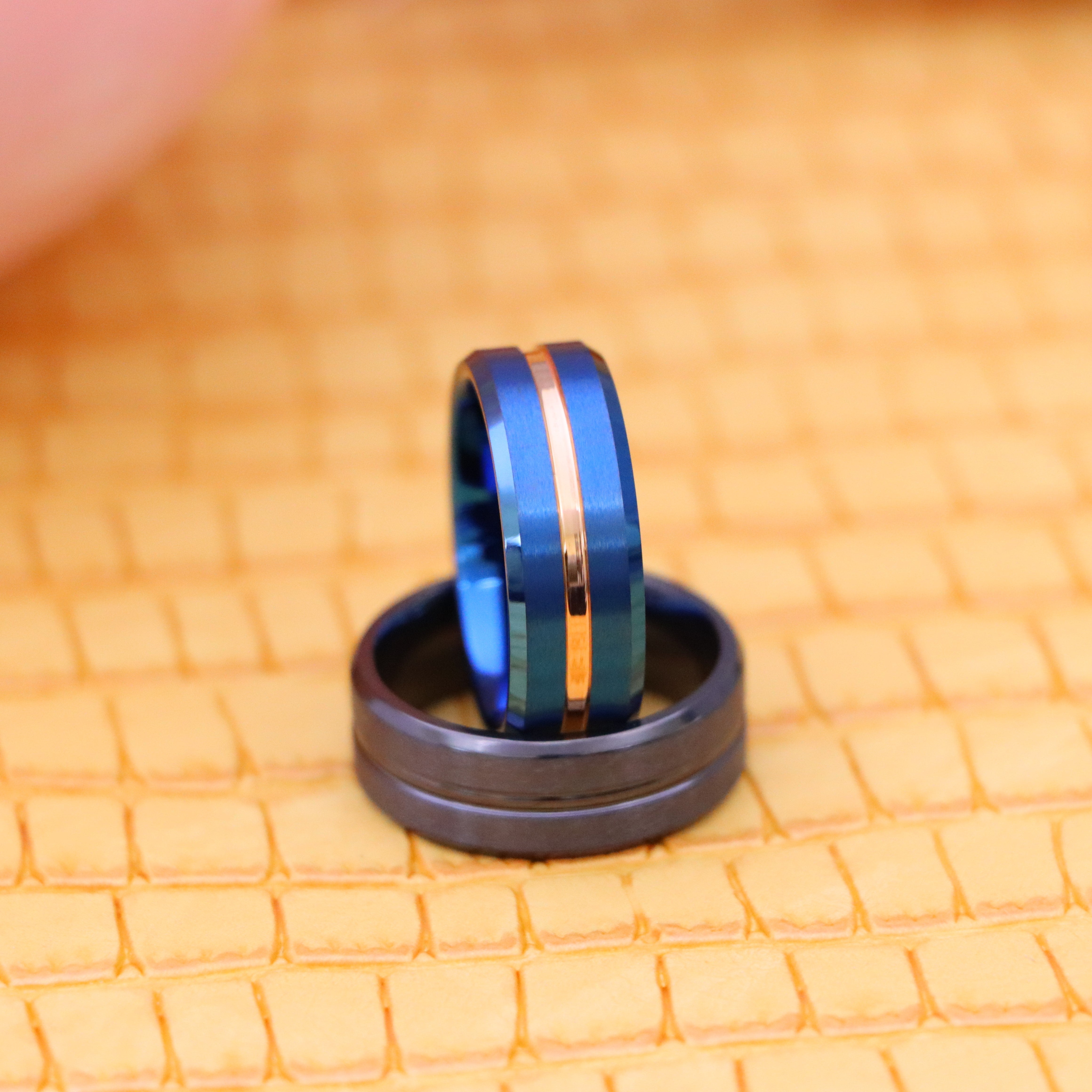 8mm Zirconium Natural Gun Metal Grooved Center Ring Blue IP Brushed with Rose Gold IP Grooved Center Beveled Edge Tungsten Ring