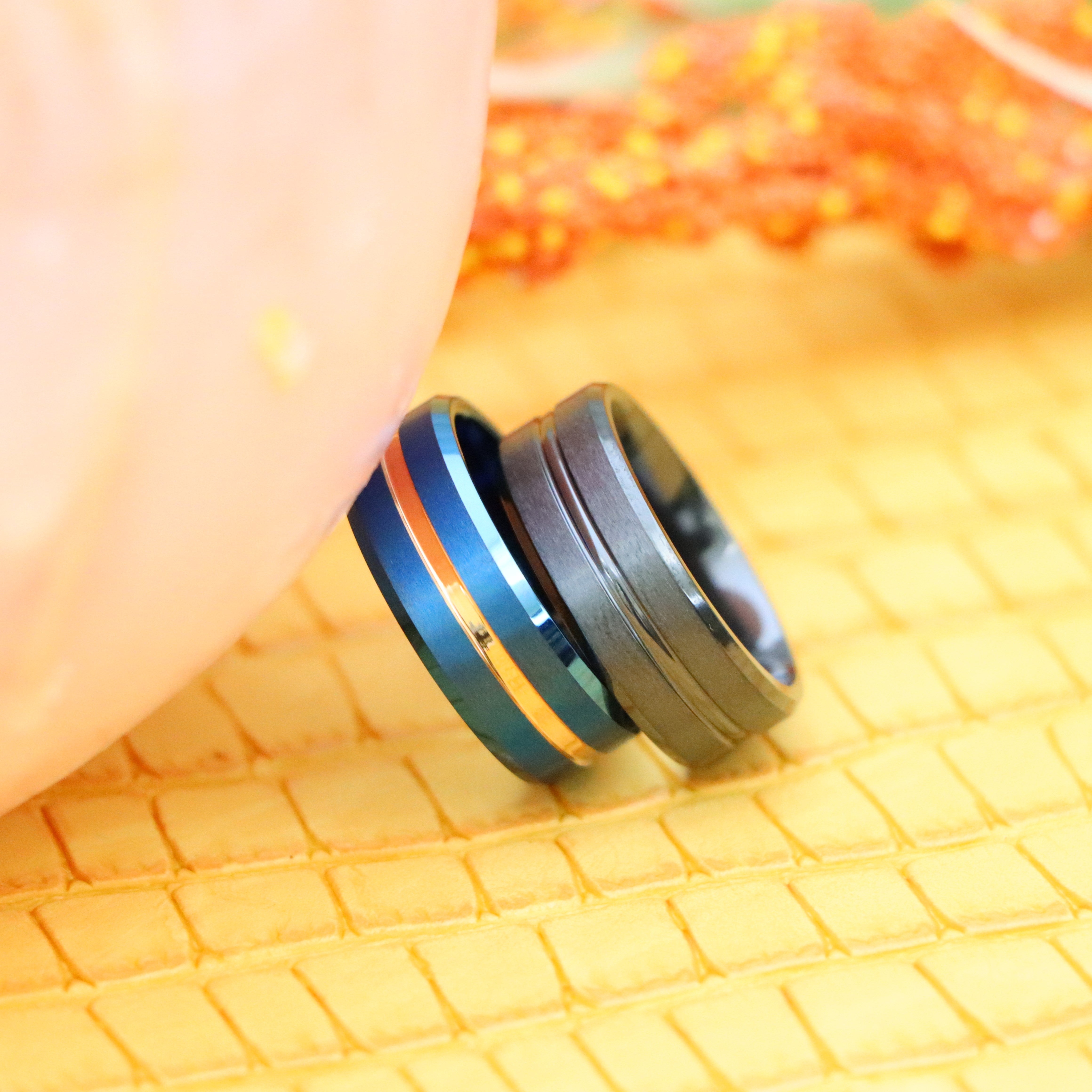 8mm Zirconium Natural Gun Metal Grooved Center Ring Blue IP Brushed with Rose Gold IP Grooved Center Beveled Edge Tungsten Ring