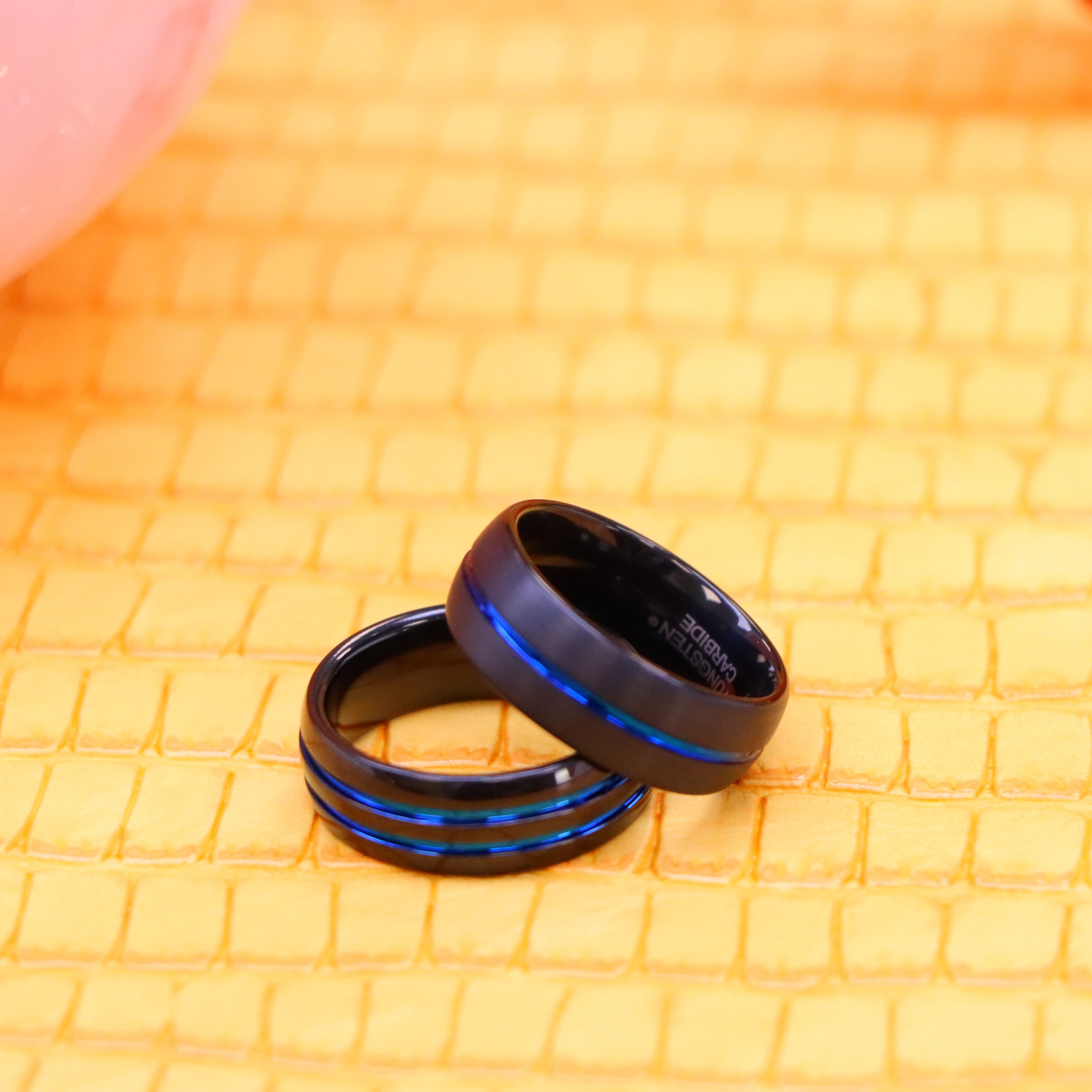 8mm Dome Black IP Tungsten Ring with Blue IP Center Groove