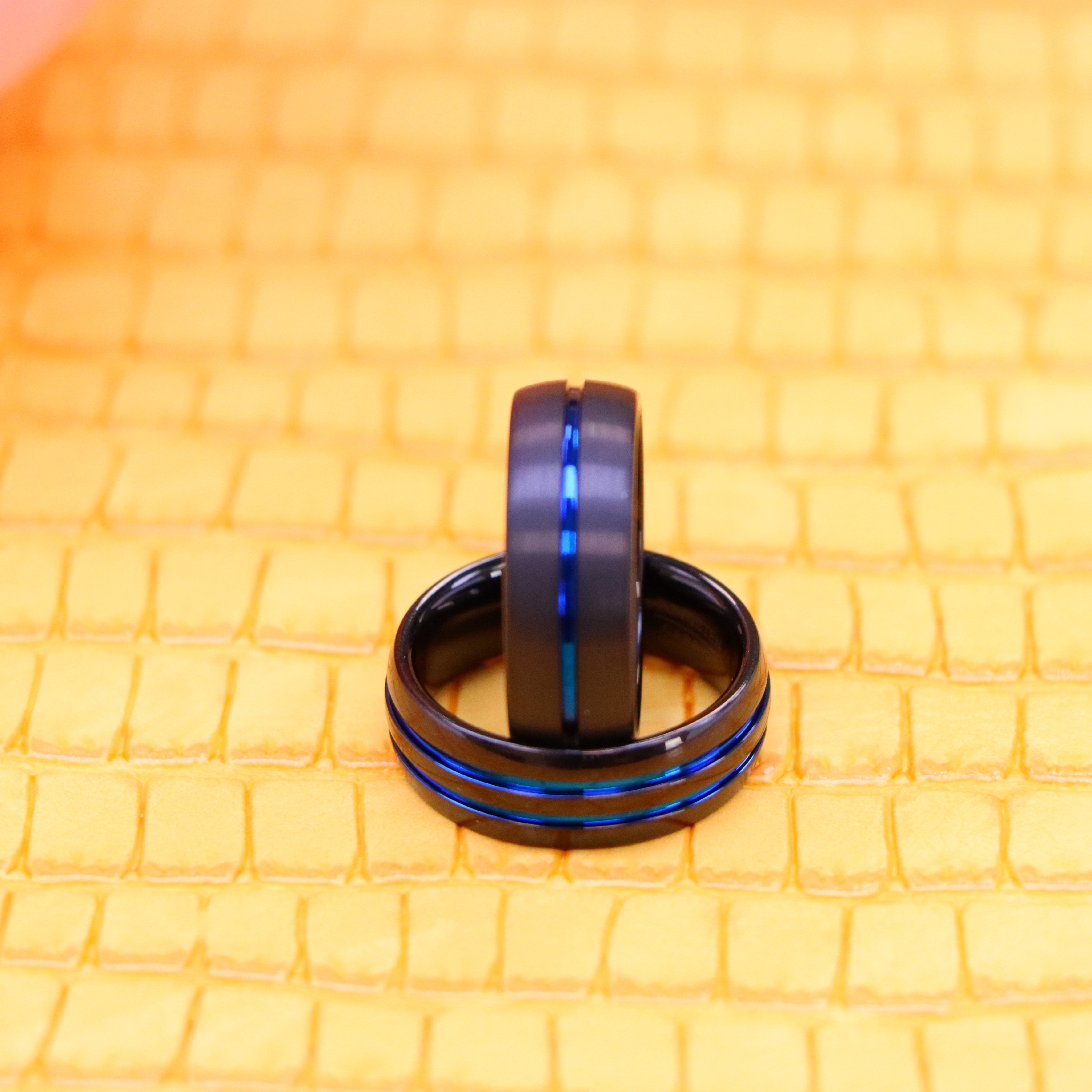 8mm Dome Black IP Tungsten Ring with Blue IP Center Groove