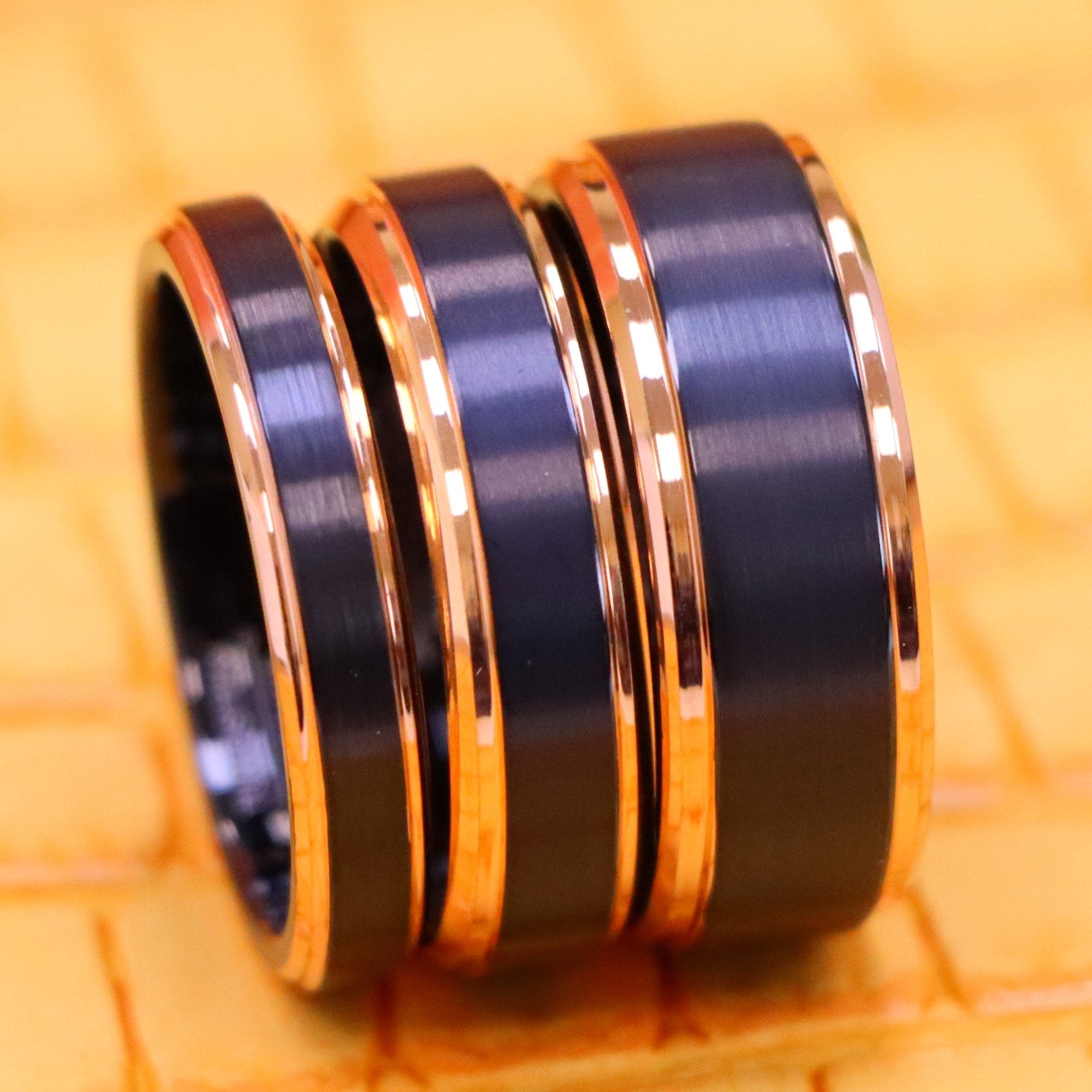 Two-Tone Black &amp; Rose Gold IP Brushed Center Step Edge Tungsten Ring