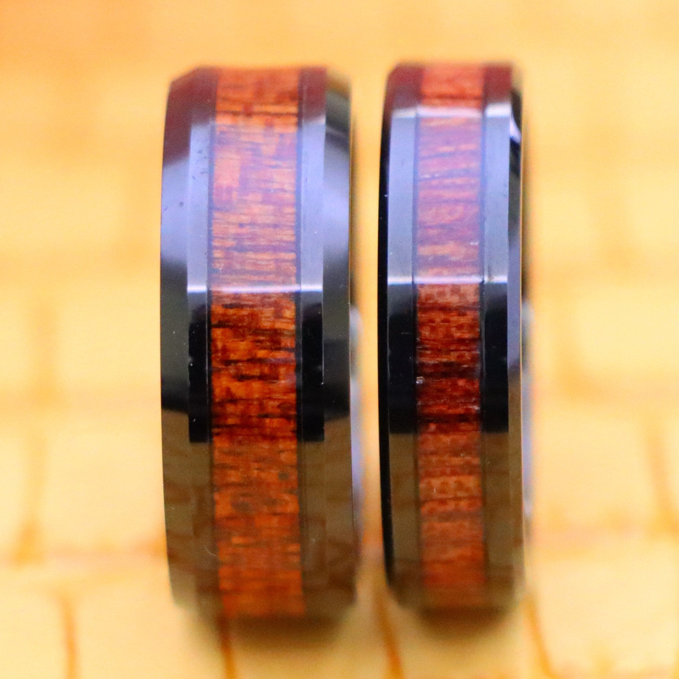 Black IP Plated Beveled Edge with Hawaiian Koa Wood Inlay Tungsten Ring