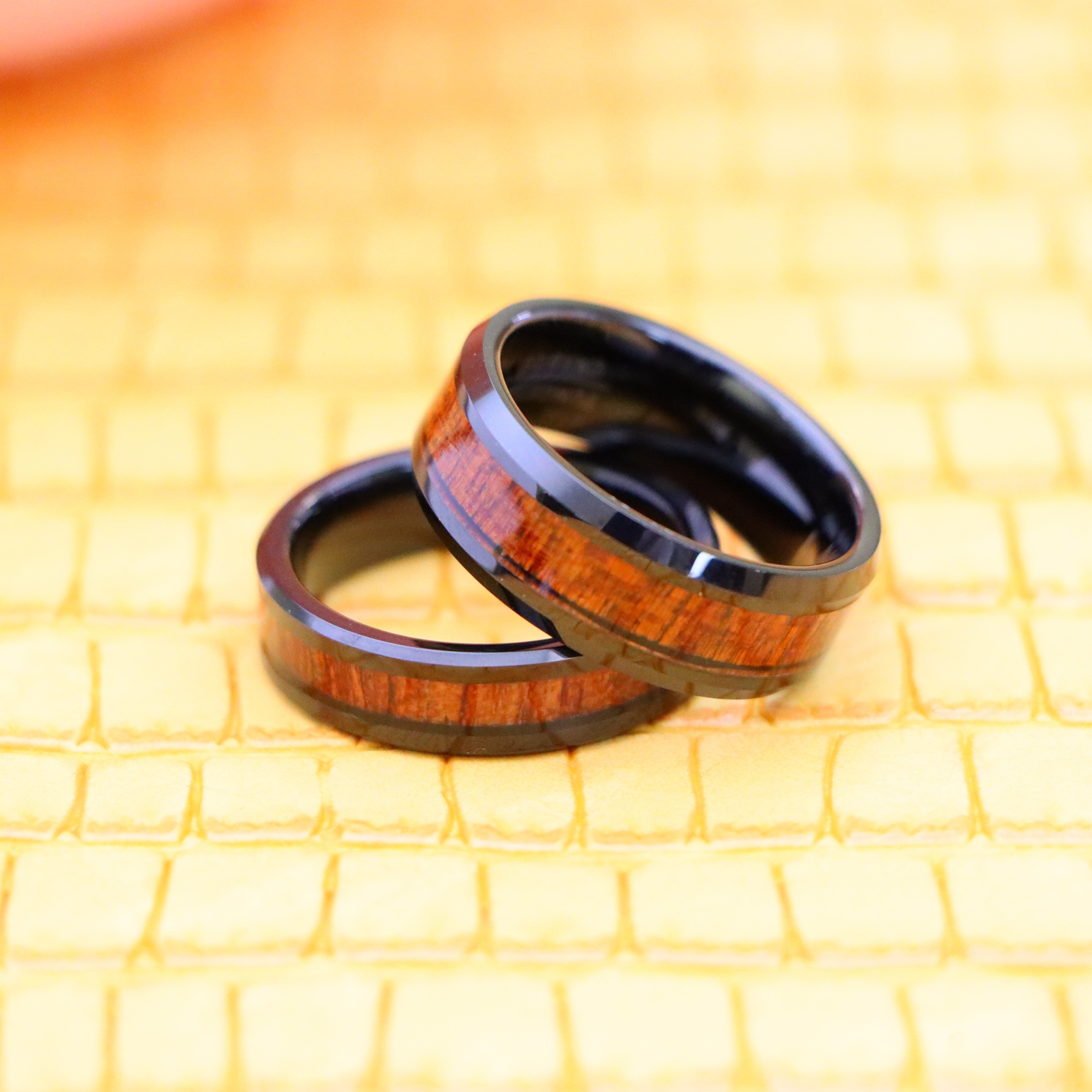 Black IP Plated Beveled Edge with Hawaiian Koa Wood Inlay Tungsten Ring