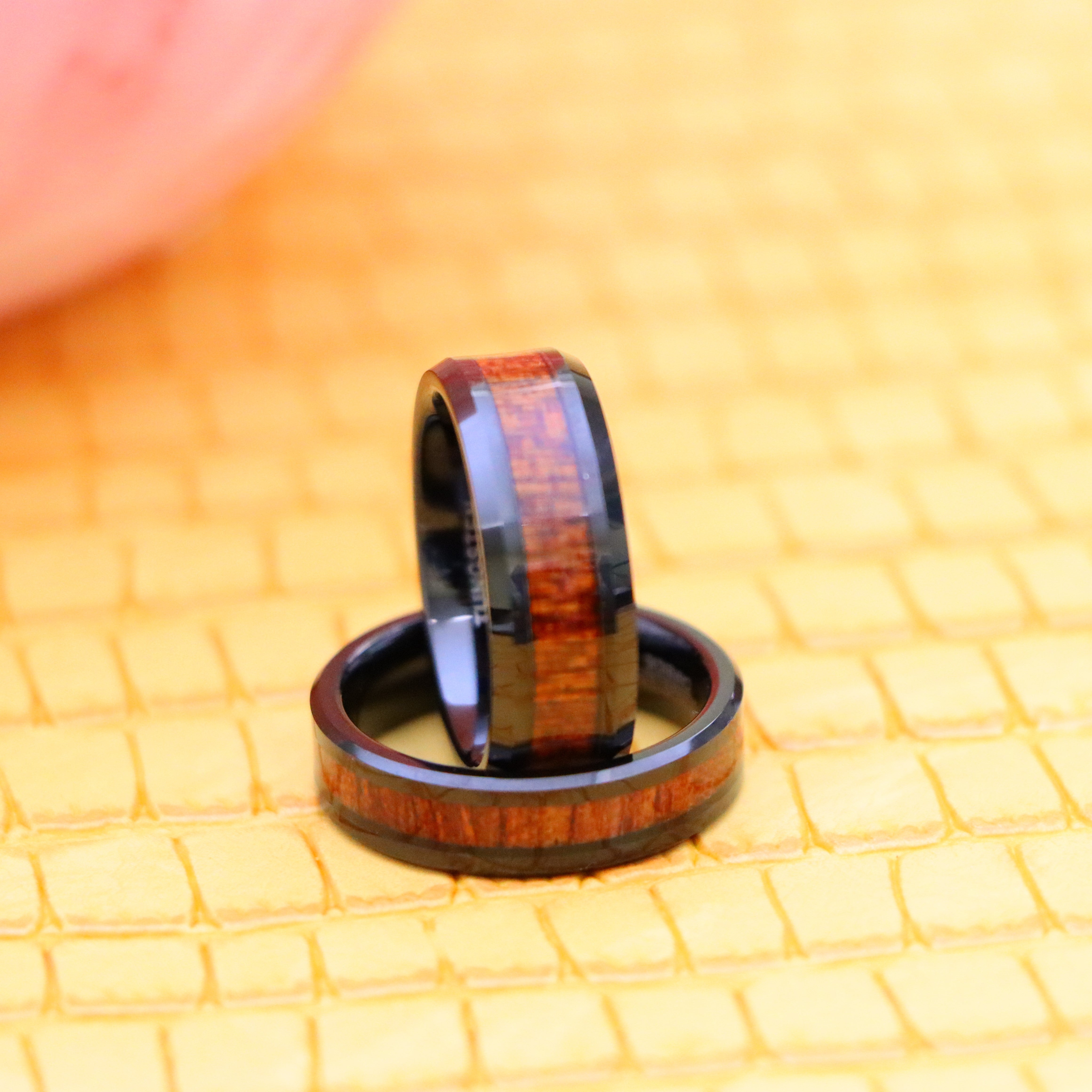 Black IP Plated Beveled Edge with Hawaiian Koa Wood Inlay Tungsten Ring