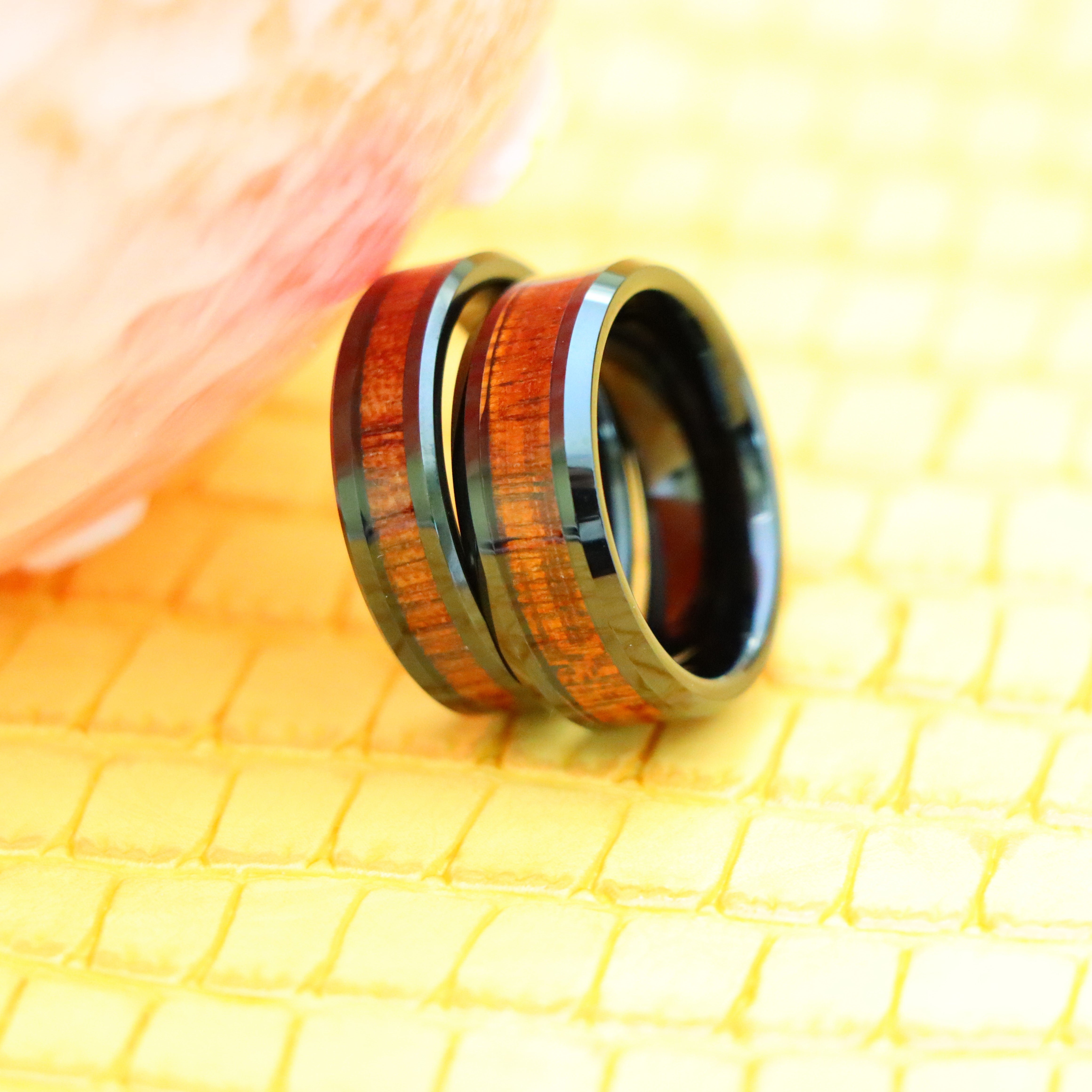 Black IP Plated Beveled Edge with Hawaiian Koa Wood Inlay Tungsten Ring