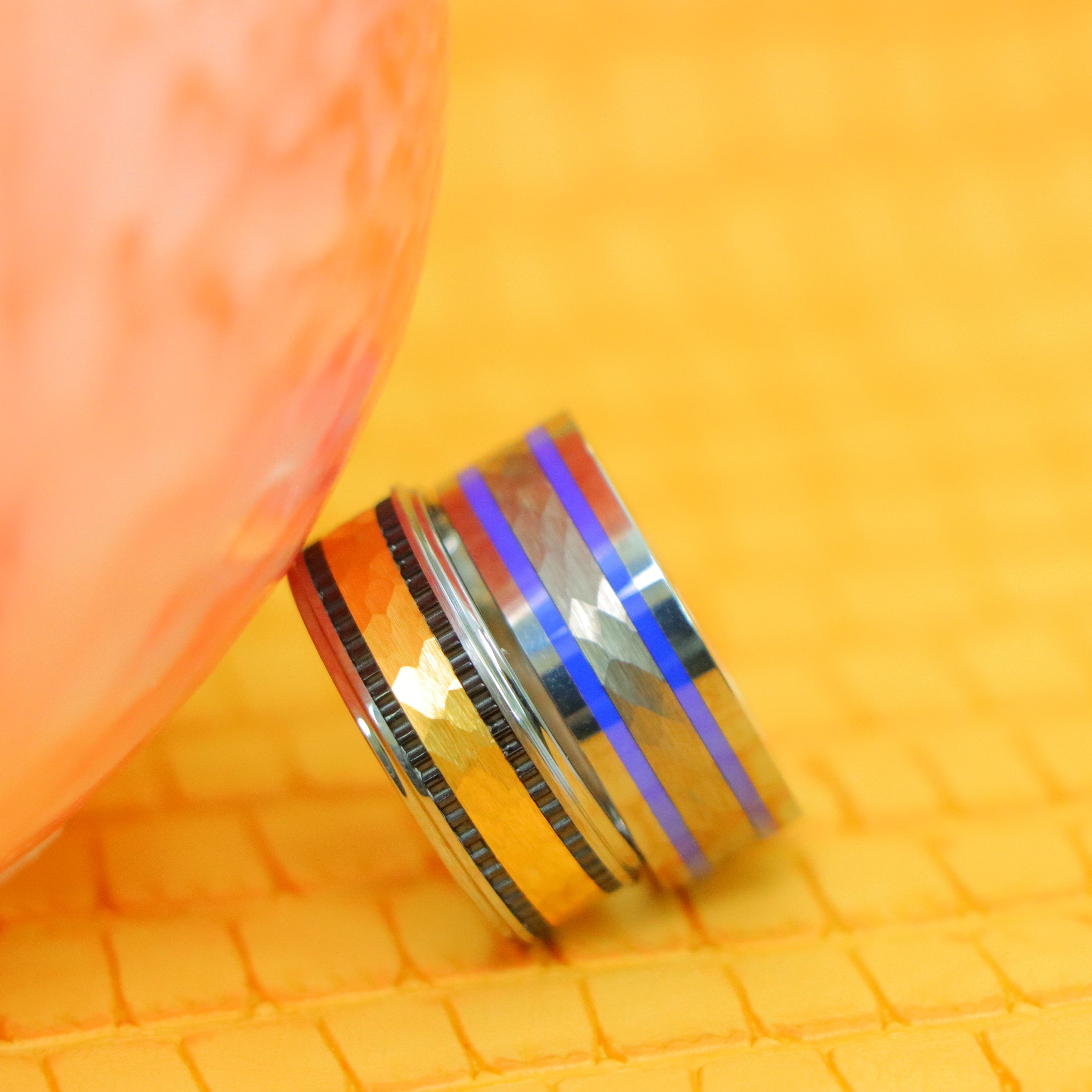 8mm Tungsten Ring Pipe-Cut Hammered Center with Two Blue Hue/Bluish Trims Shiny Edges Tungsten Ring Yellow Gold IP Hammered Center with Black IP Plated Stripes Tungsten Ring