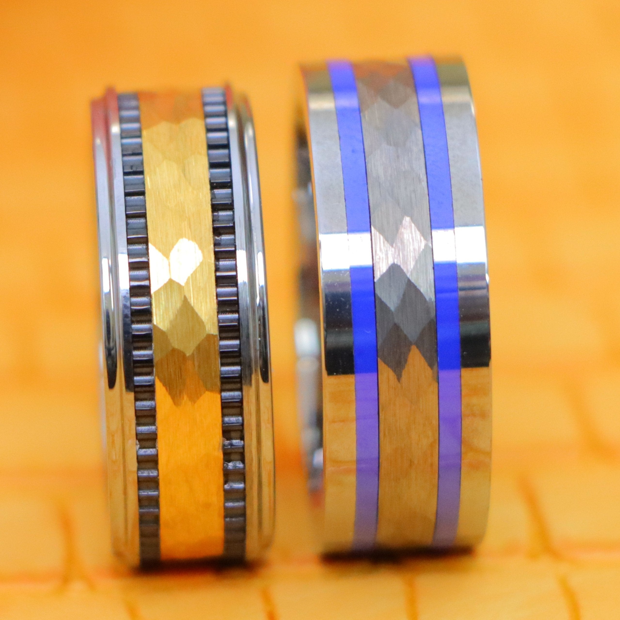 8mm Tungsten Ring Pipe-Cut Hammered Center with Two Blue Hue/Bluish Trims Shiny Edges Tungsten Ring Yellow Gold IP Hammered Center with Black IP Plated Stripes Tungsten Ring