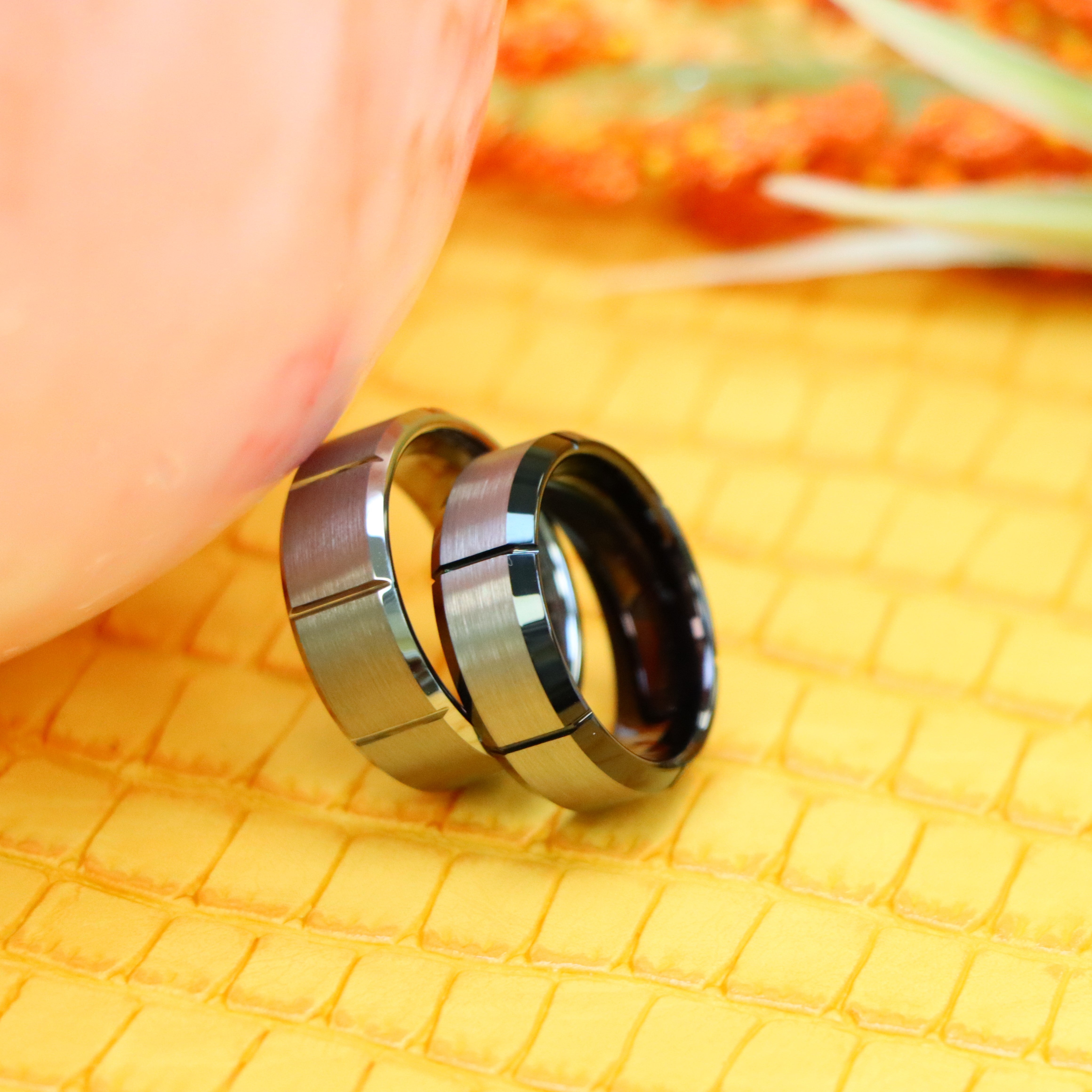 8mm Multiple Vertical Grooves Brushed Center Tungsten Ring