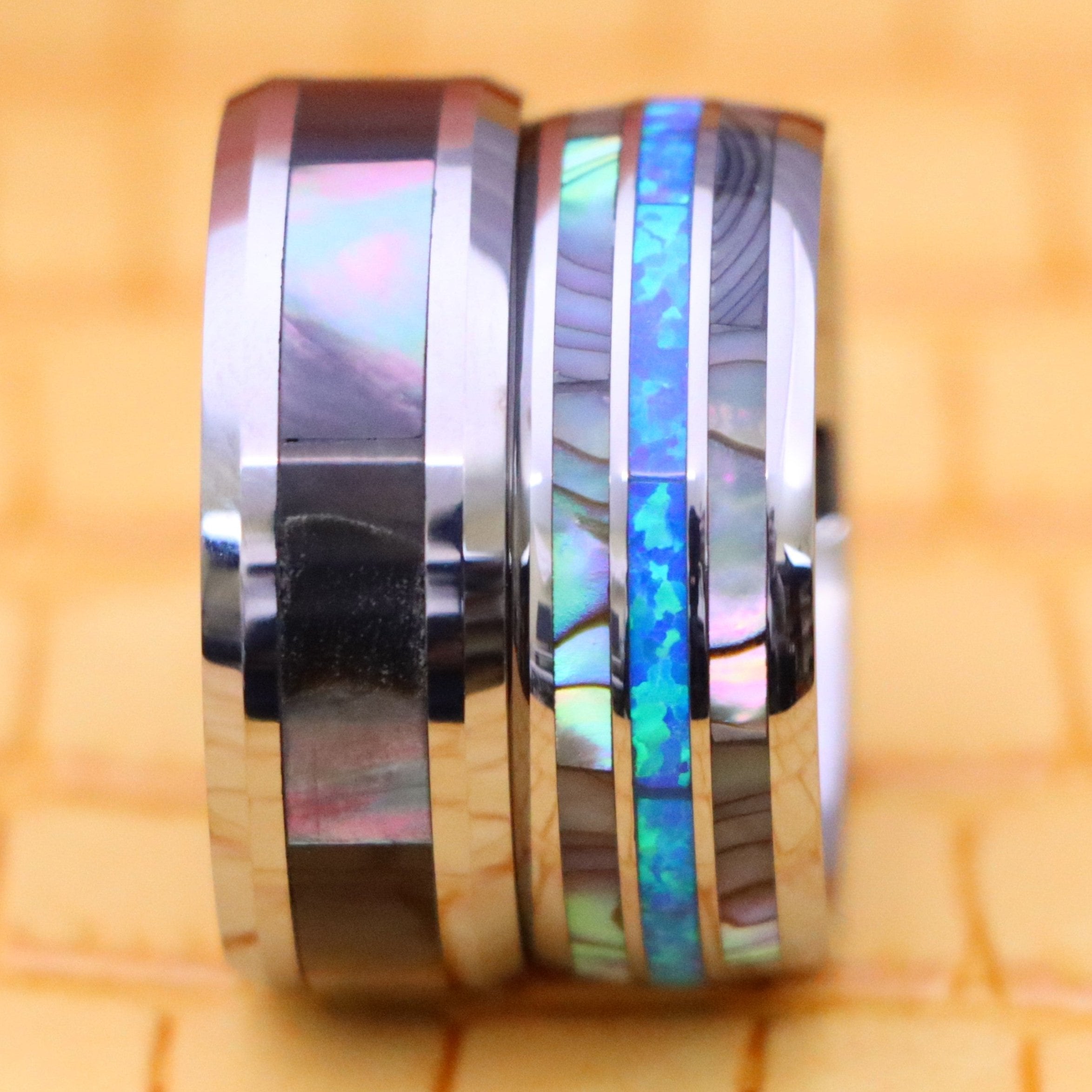 8mm Natural Dark Mother of Pearl Inlay Beveled Edge Tungsten Ring, Domed Ring with Opal &amp; Mother of Pearl Inlay Tungsten Ring - Men's Fashion Jewelry