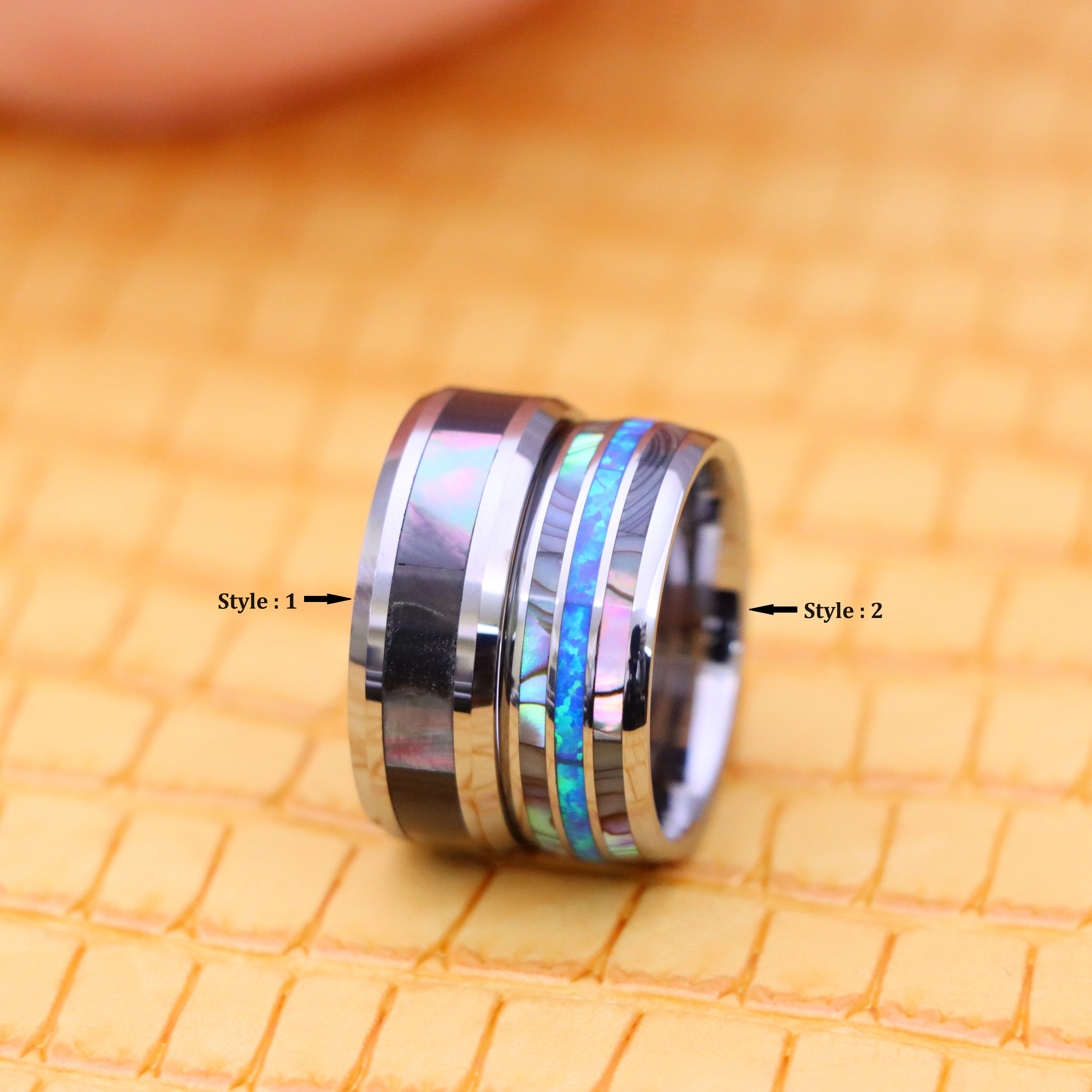 8mm Natural Dark Mother of Pearl Inlay Beveled Edge Tungsten Ring, Domed Ring with Opal &amp; Mother of Pearl Inlay Tungsten Ring - Men's Fashion Jewelry