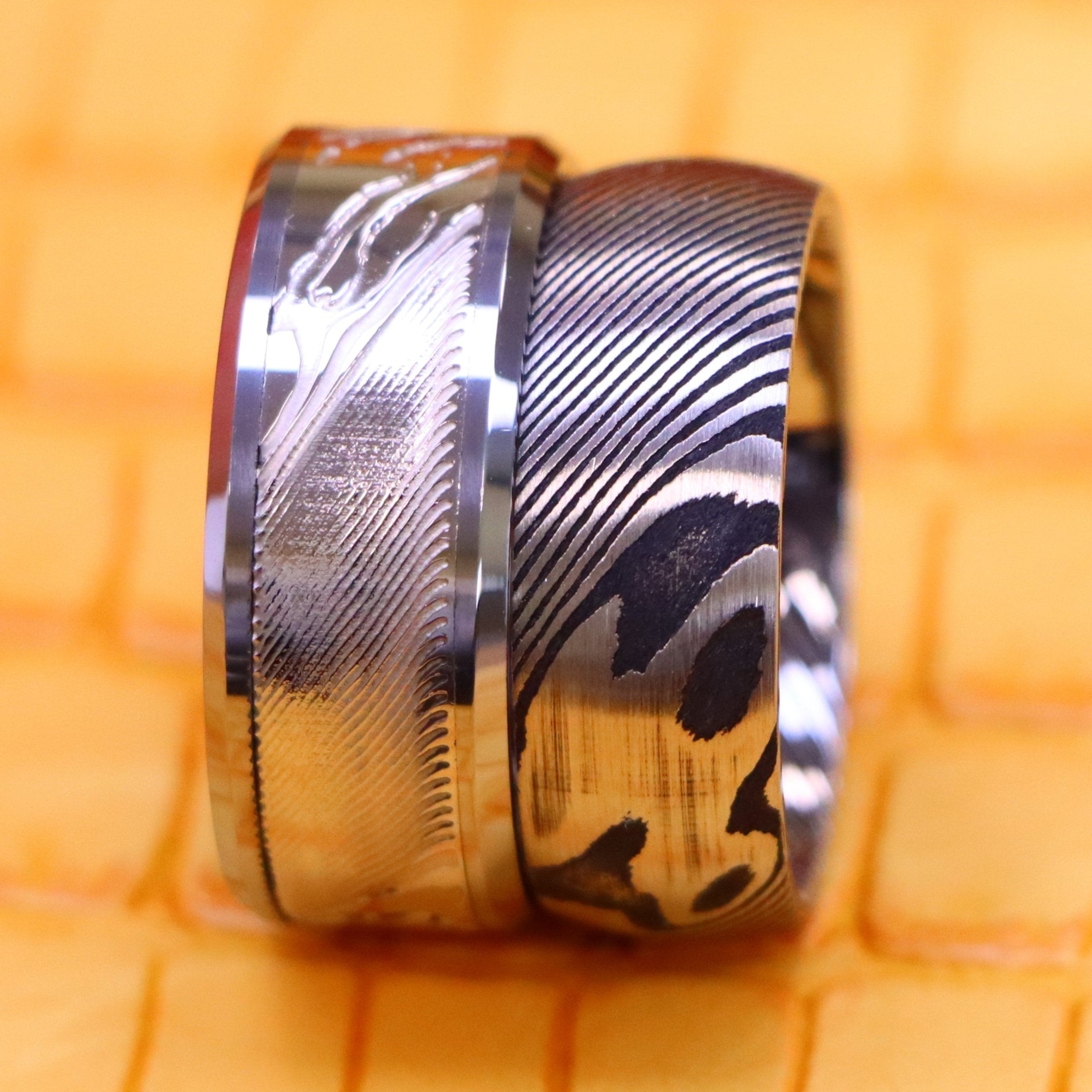 Laser Carved Mokume Gane Effect Low Beveled Edge/Damascus Black &amp; Steel Tungsten Ring