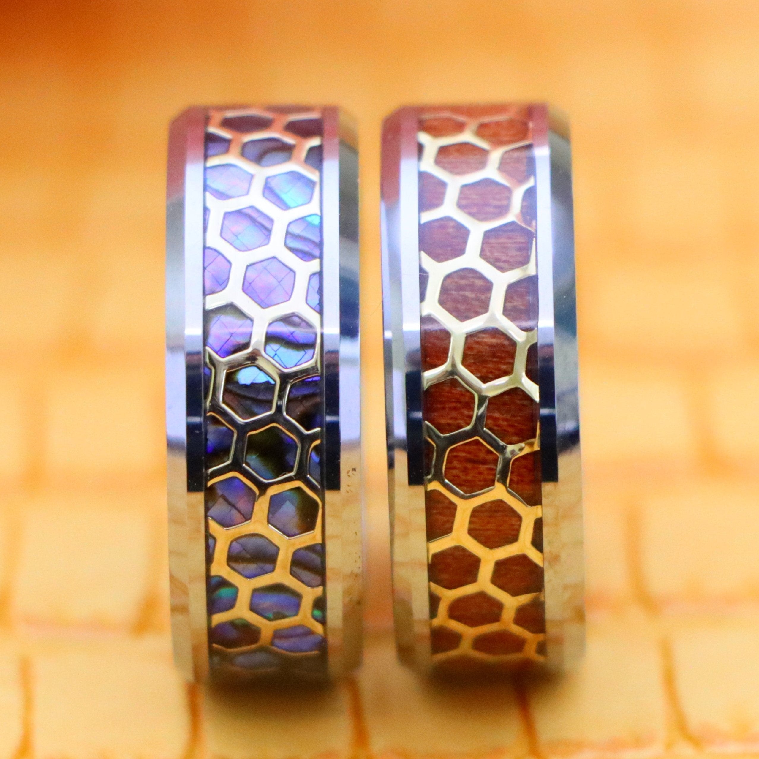 8mm Honeycomb Cut-out over Abalone/Rosewood Inlay Beveled Edge Tungsten Ring