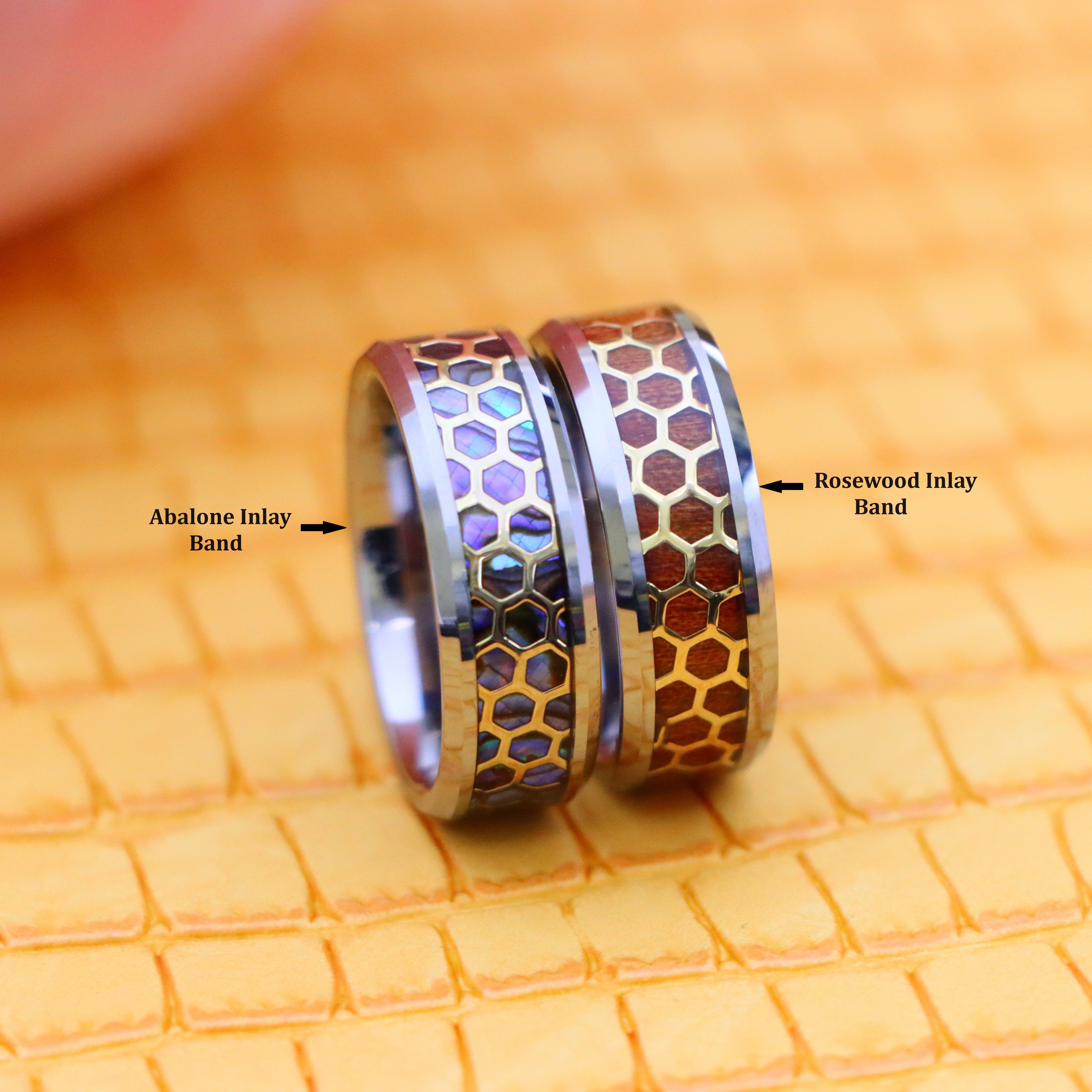 8mm Honeycomb Cut-out over Abalone/Rosewood Inlay Beveled Edge Tungsten Ring