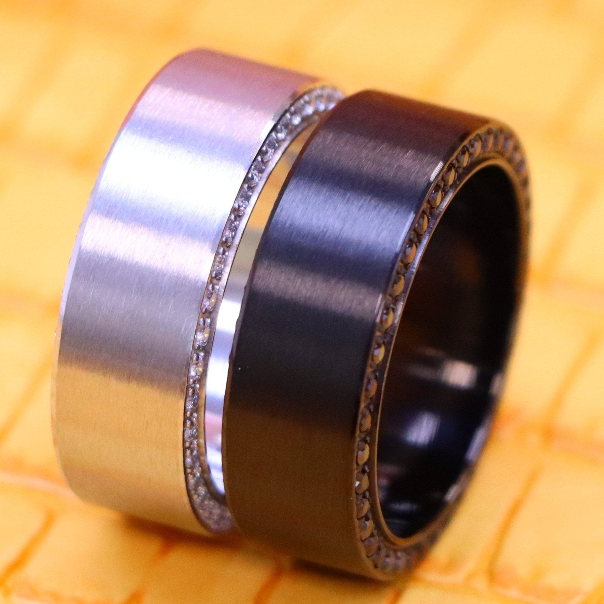 8mm Titanium Black IP Plated Band Ring with Full Side Stones White/Black CZ - Men's Titanium Jewelry