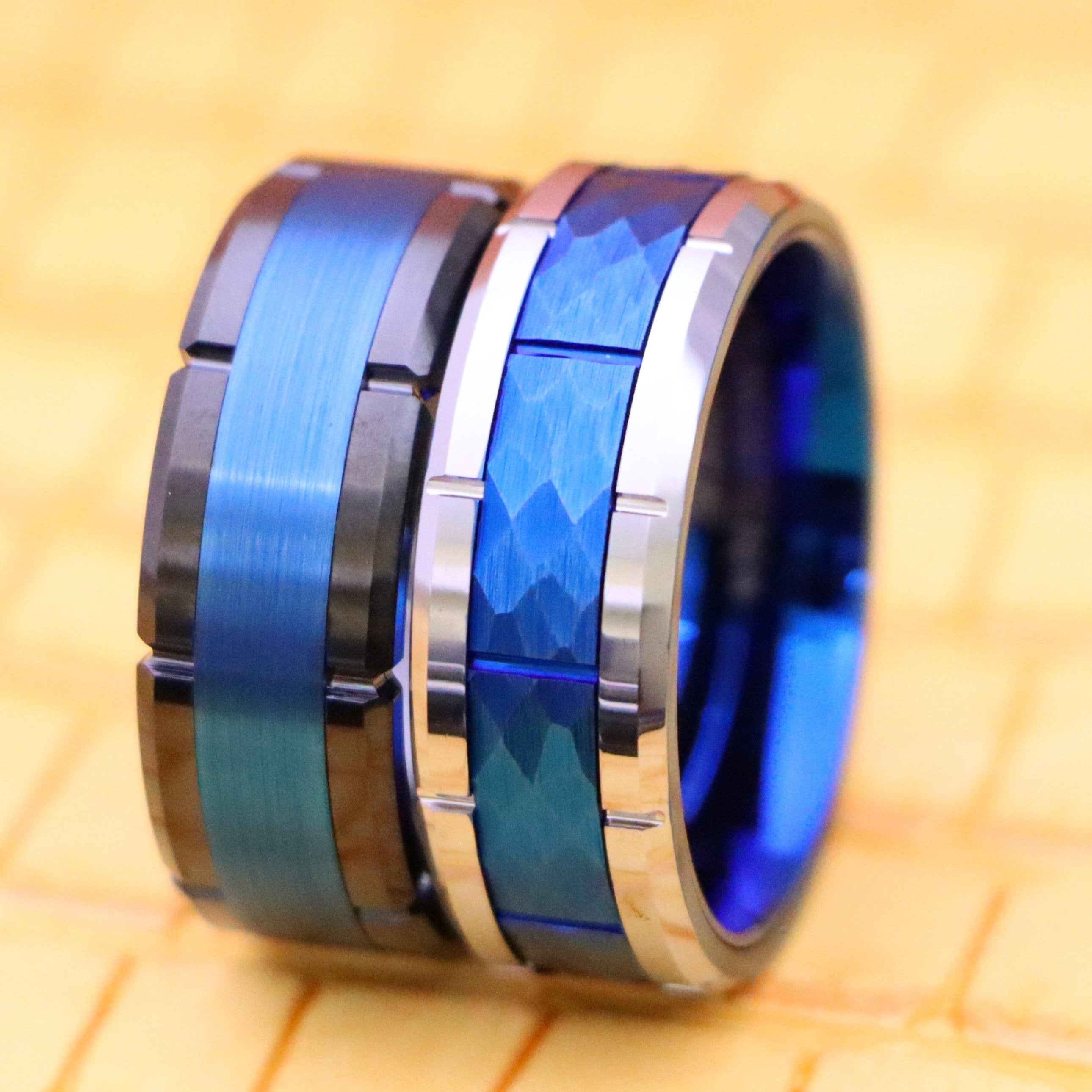 8mm Brushed Center &amp; Shiny Edges Black &amp; Blue IP Plated/High Polished Beveled Edge with Notches &amp; Black IP Plated Hammered Tungsten Ring