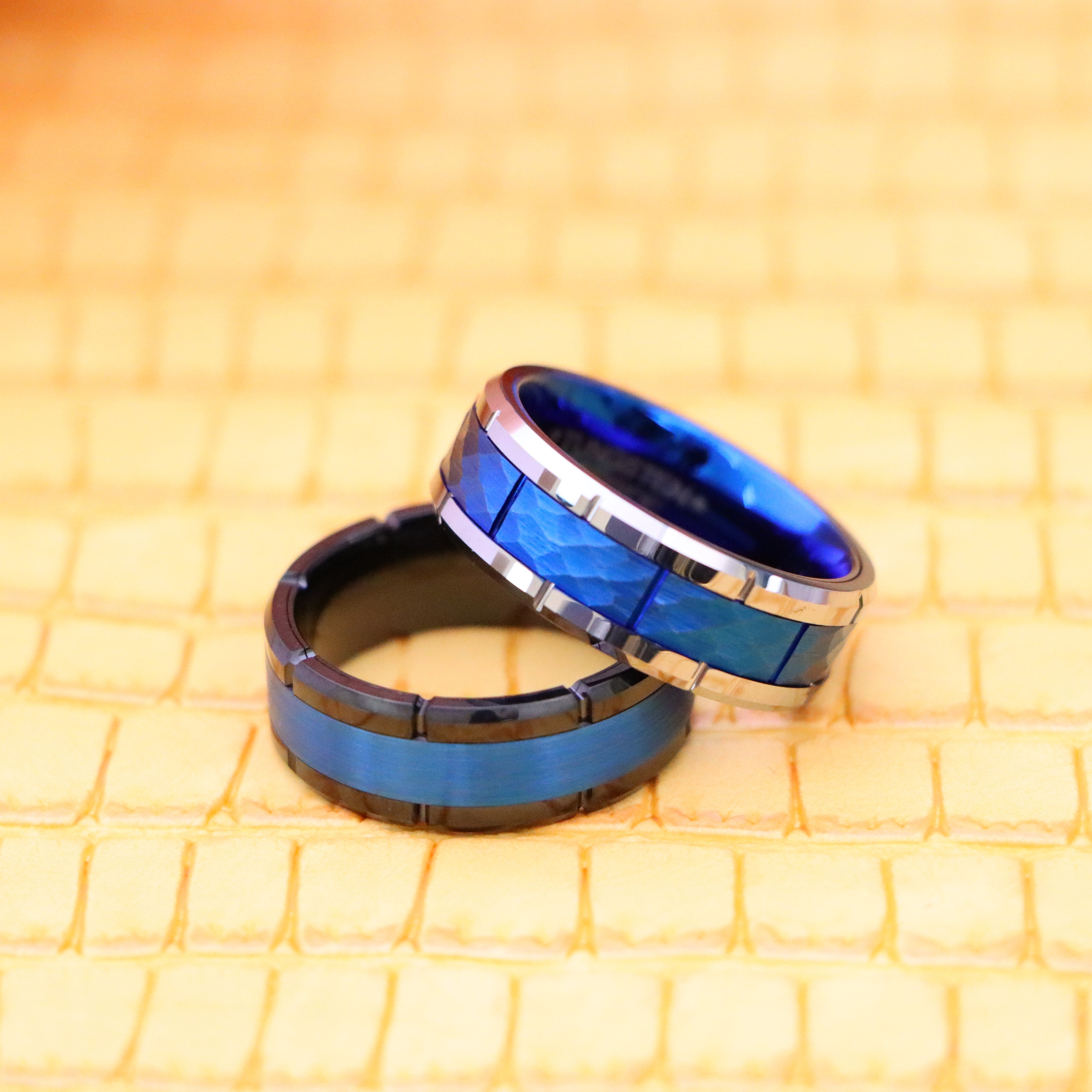 8mm Brushed Center &amp; Shiny Edges Black &amp; Blue IP Plated/High Polished Beveled Edge with Notches &amp; Black IP Plated Hammered Tungsten Ring