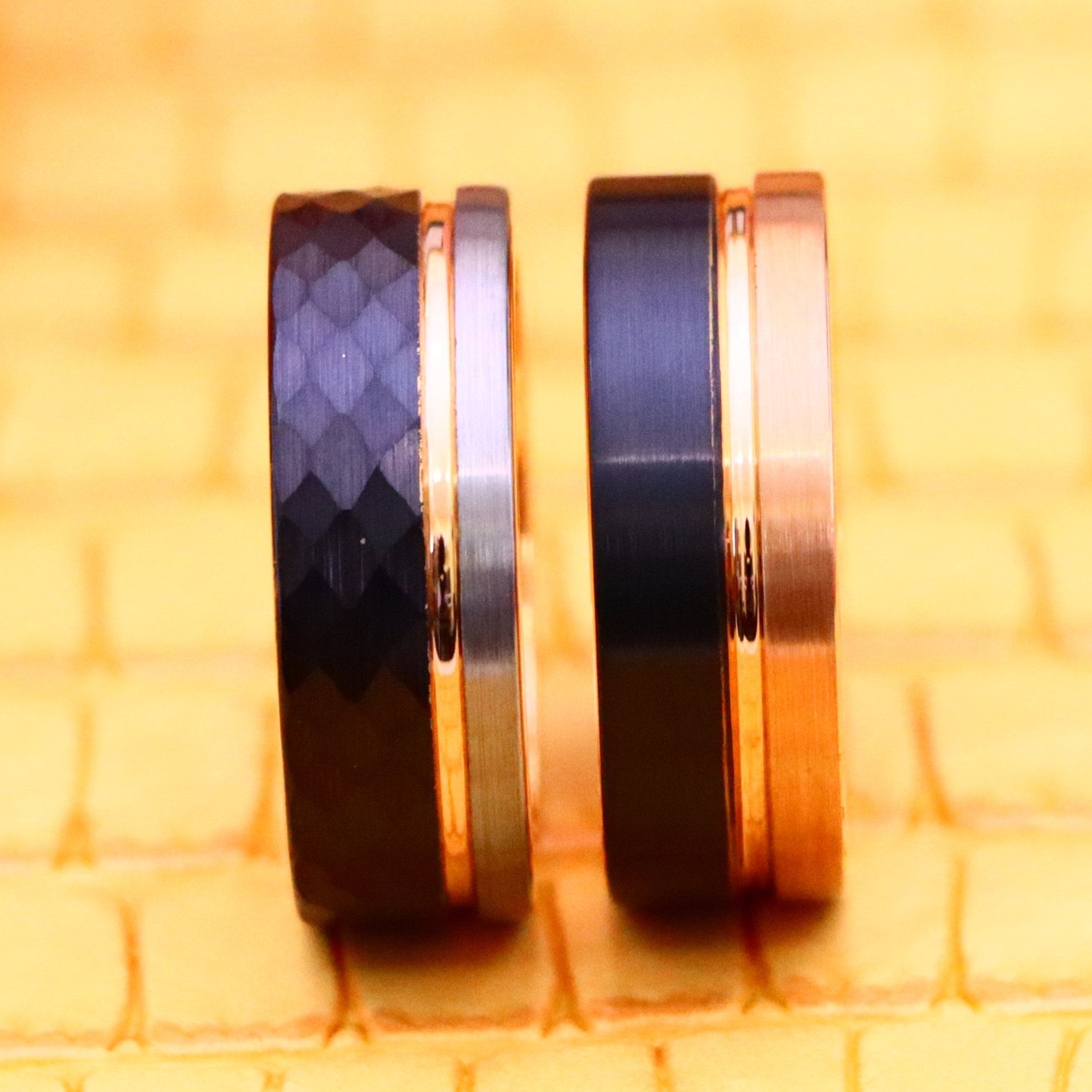 8mm Three-tone Natural, Rose Gold &amp; Hammered Black IP Plated Groove Tungsten Ring Two-tone Rose &amp; Black IP Split Pipe-cut Tungsten Ring