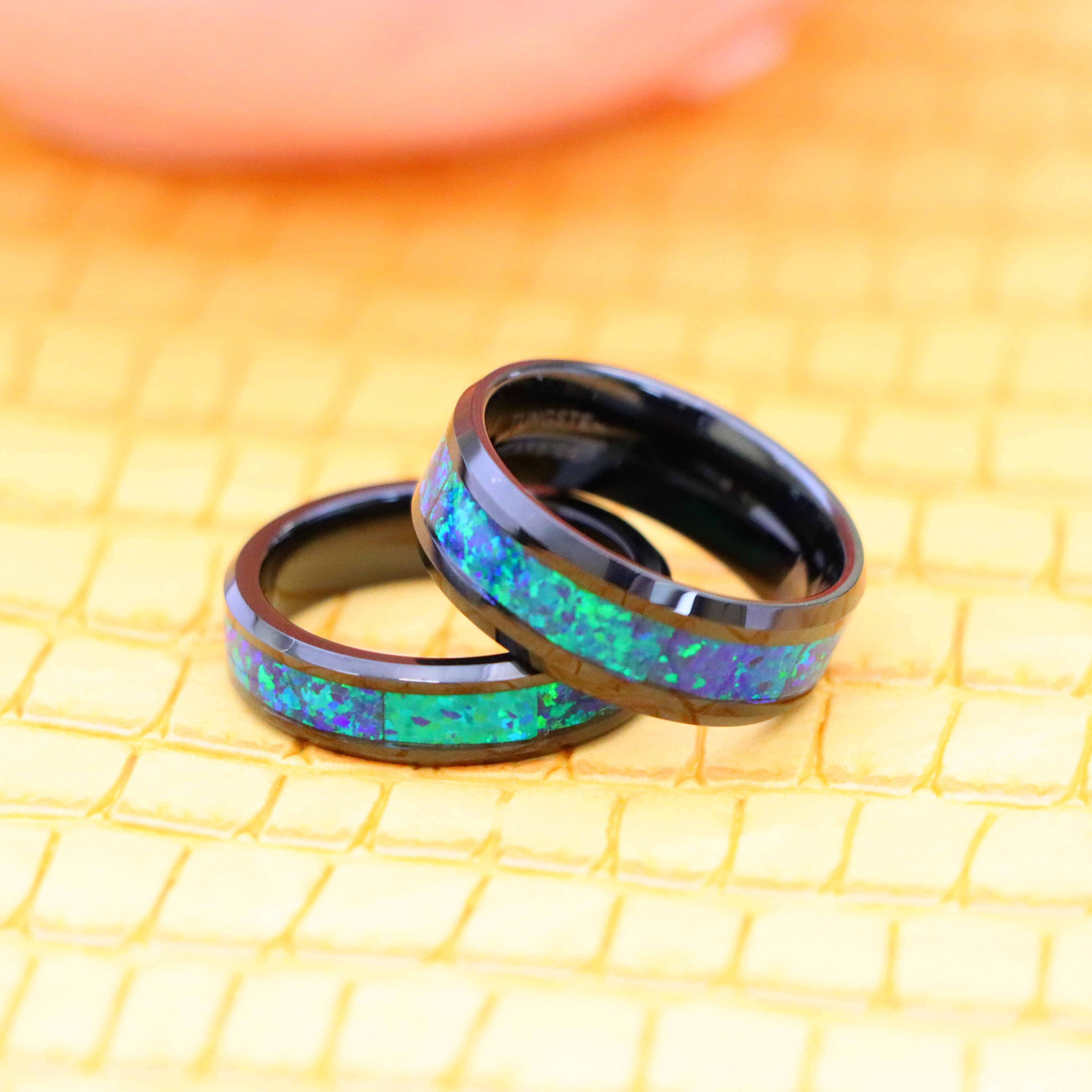 Black IP Plated with Synthetic Emerald-Green Opal Inlay Tungsten Ring