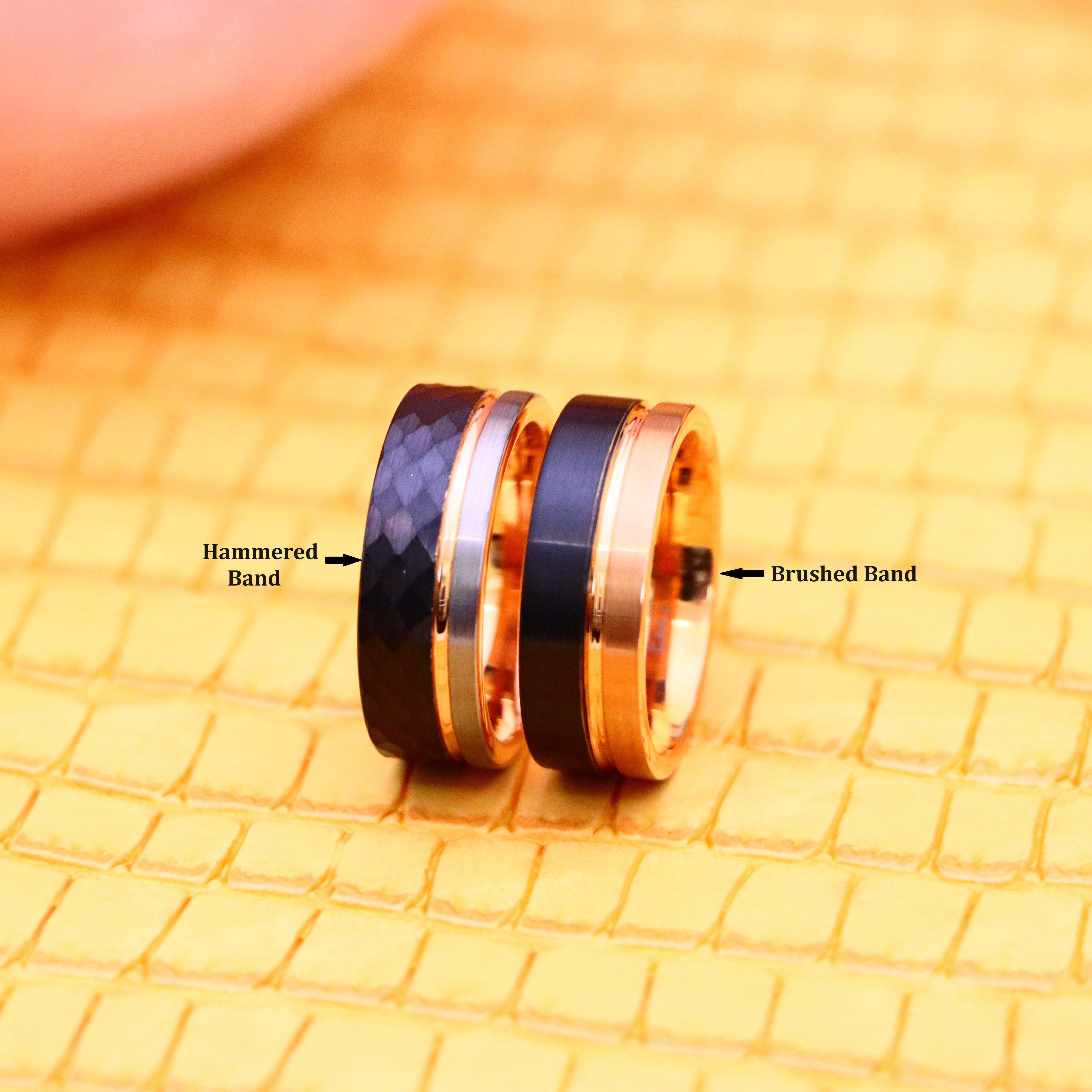 8mm Three-tone Natural, Rose Gold &amp; Hammered Black IP Plated Groove Tungsten Ring Two-tone Rose &amp; Black IP Split Pipe-cut Tungsten Ring