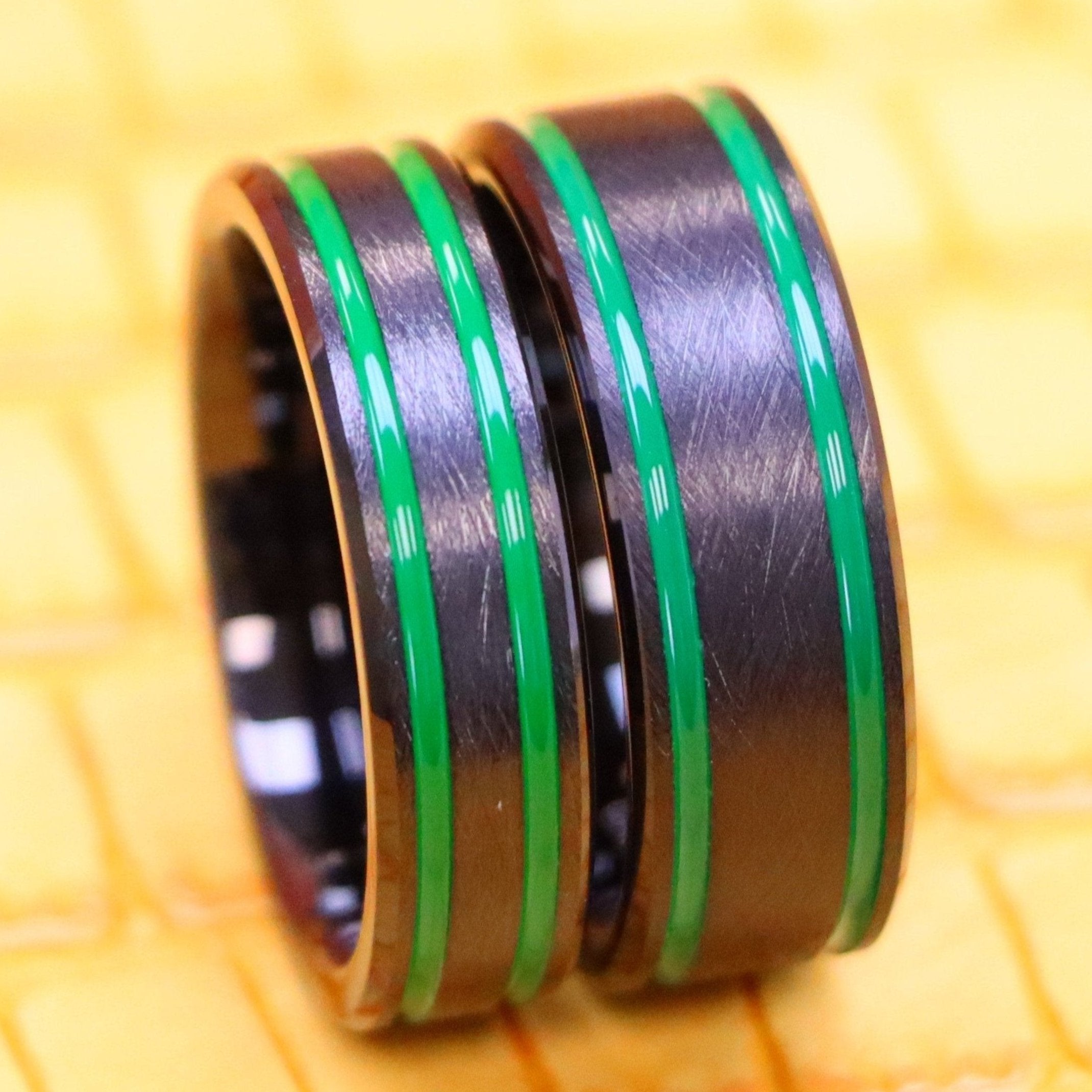 Black IP Plated Ice Finish with Two Green Lines Tungsten Ring - Men's Tungsten Jewelry