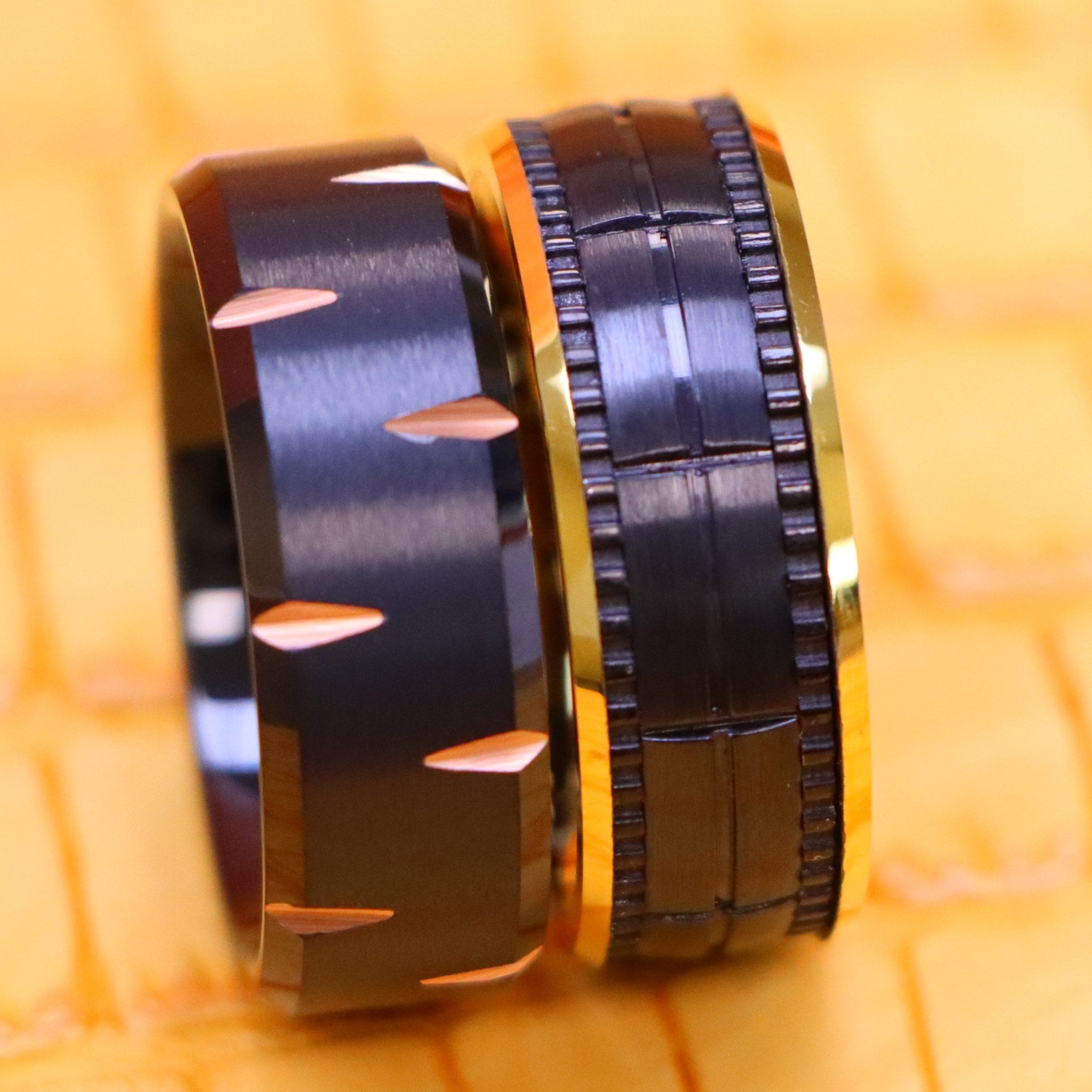 8mm Black IP with Rose IP Alternating Wedge Cuts Tungsten Ring Yellow IP Inside &amp; Black IP Outside Brushed Grooved Tungsten Ring